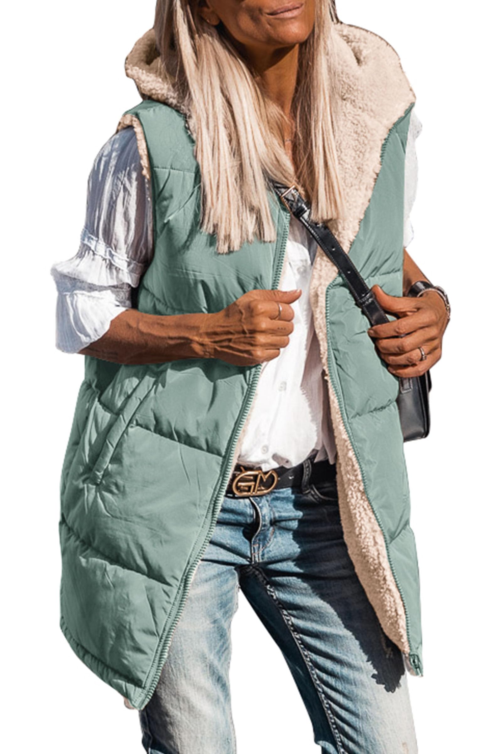 Women's Winter Reversible Fleece Long Vests(Grey Green,S)