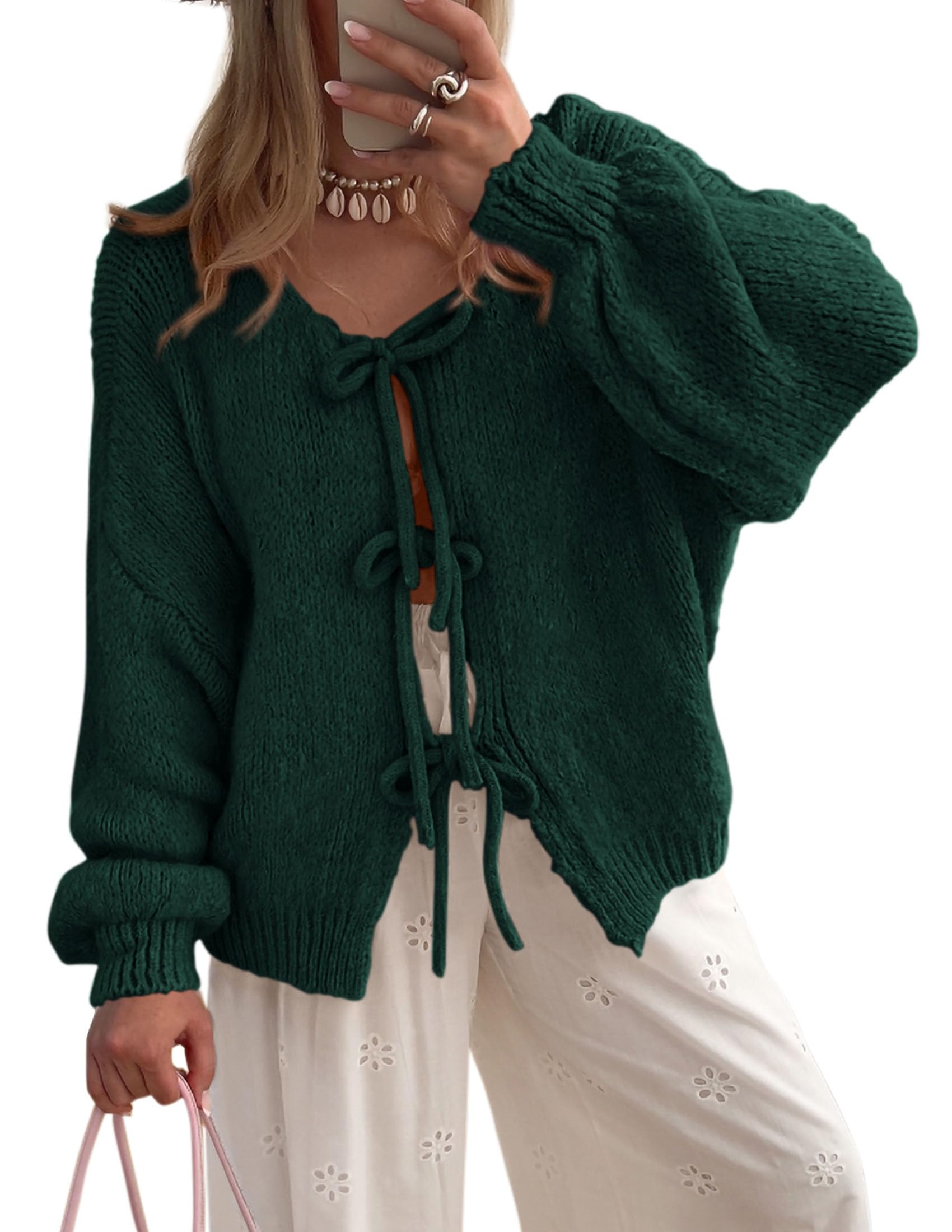 Women's Tie Front Bow Cardigan Sweaters(Dark Green,Small)