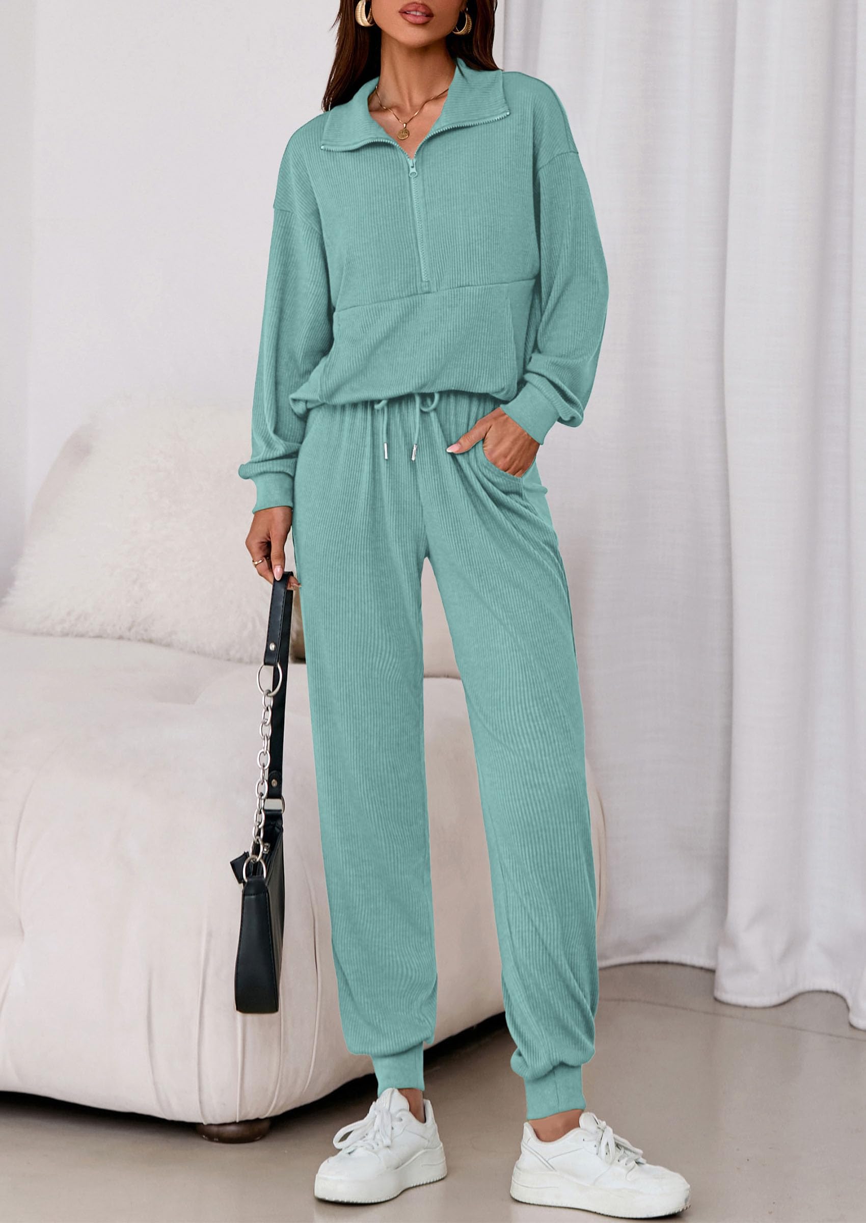 Airport Travel Outfit Women Ribbed Knit Matching Lounge Sets