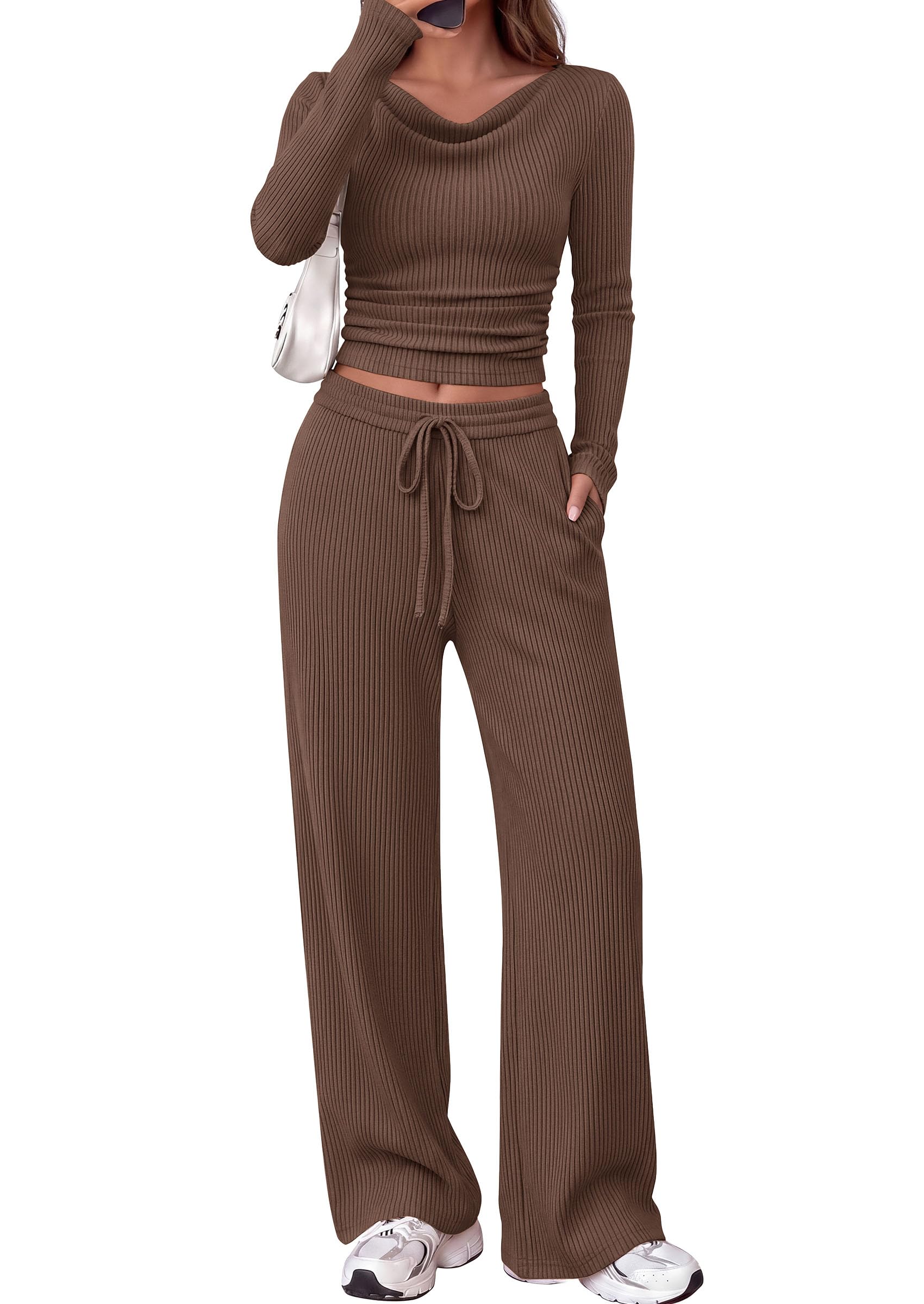 Matching Sets Women Clothing Fall Ribbed 2 Piece Lounge Set