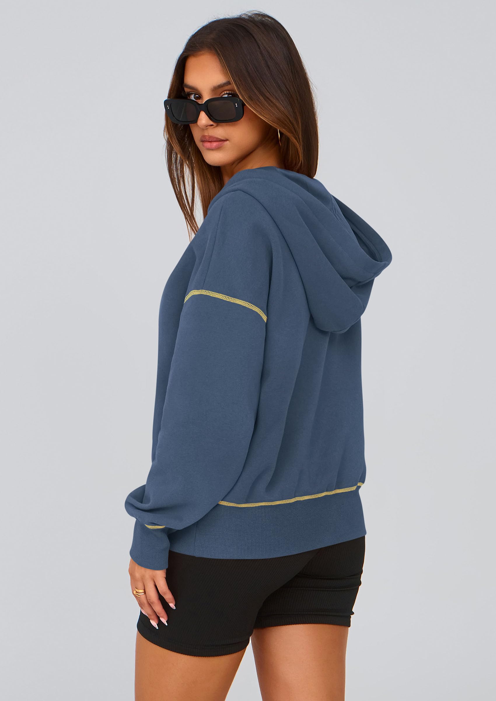 Women's Fall Half Zip Cropped Hoodie Sweatshirt Grey Blue