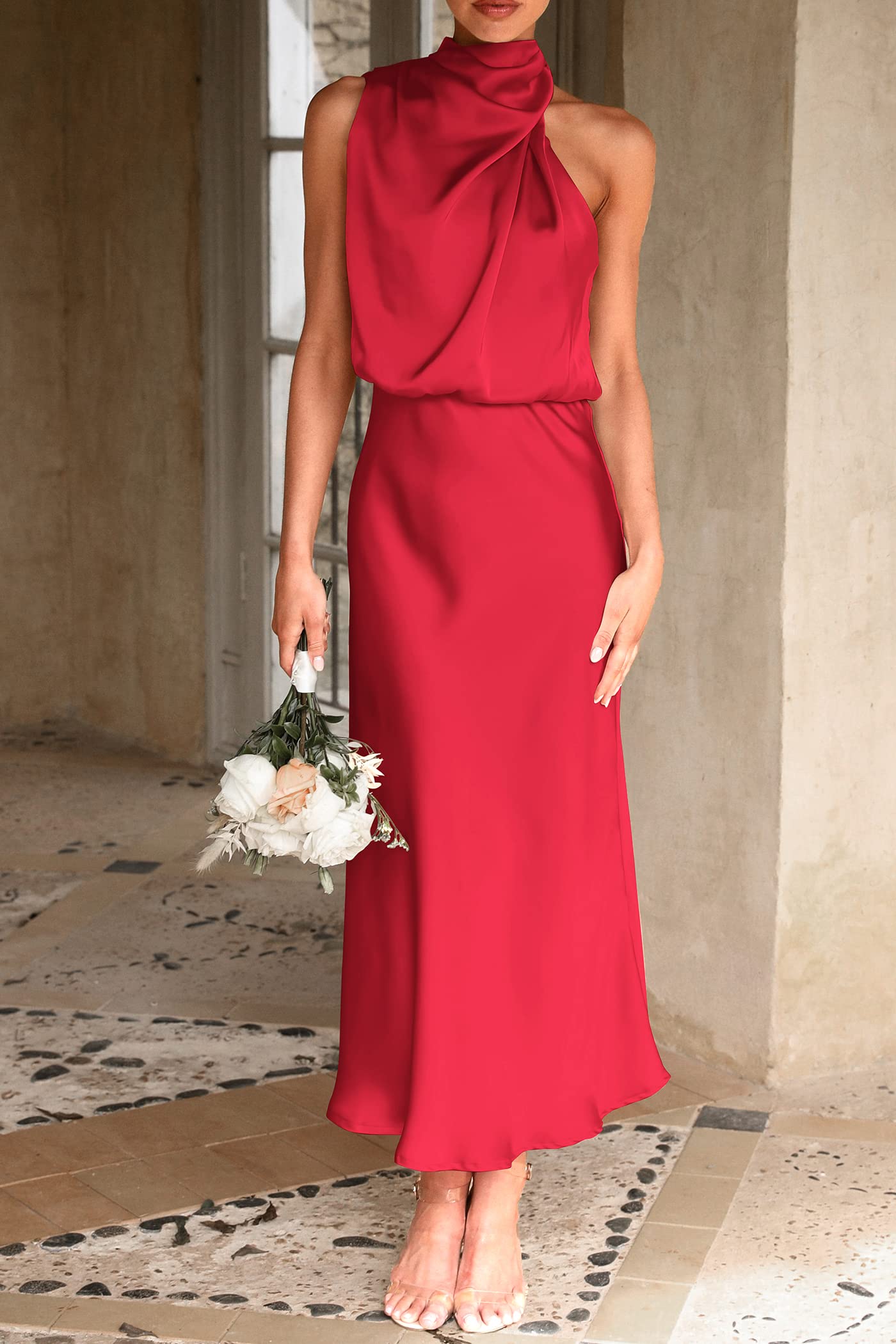 Women's Summer Satin Maxi Cocktail Dress Red