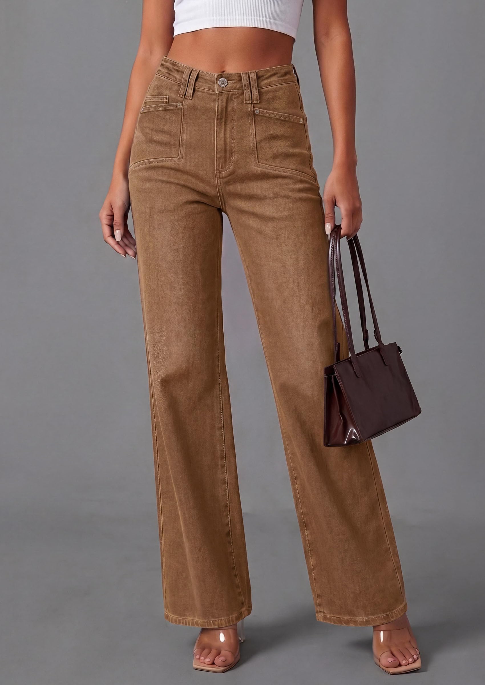 High Waisted Wide Leg Jeans for Women 2026 Trendy,Brown,6