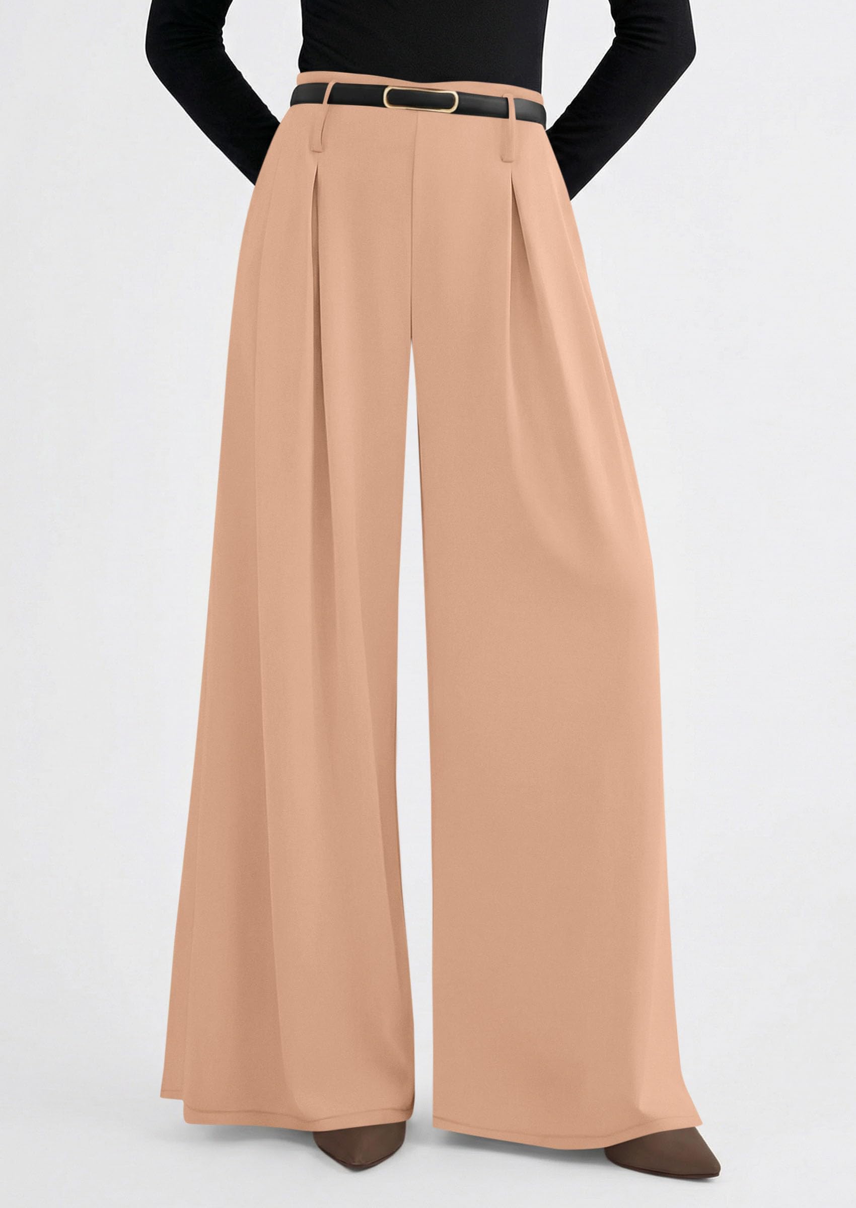 Womens Wide Leg Dress Pants Flowy Trousers,Champagne,S