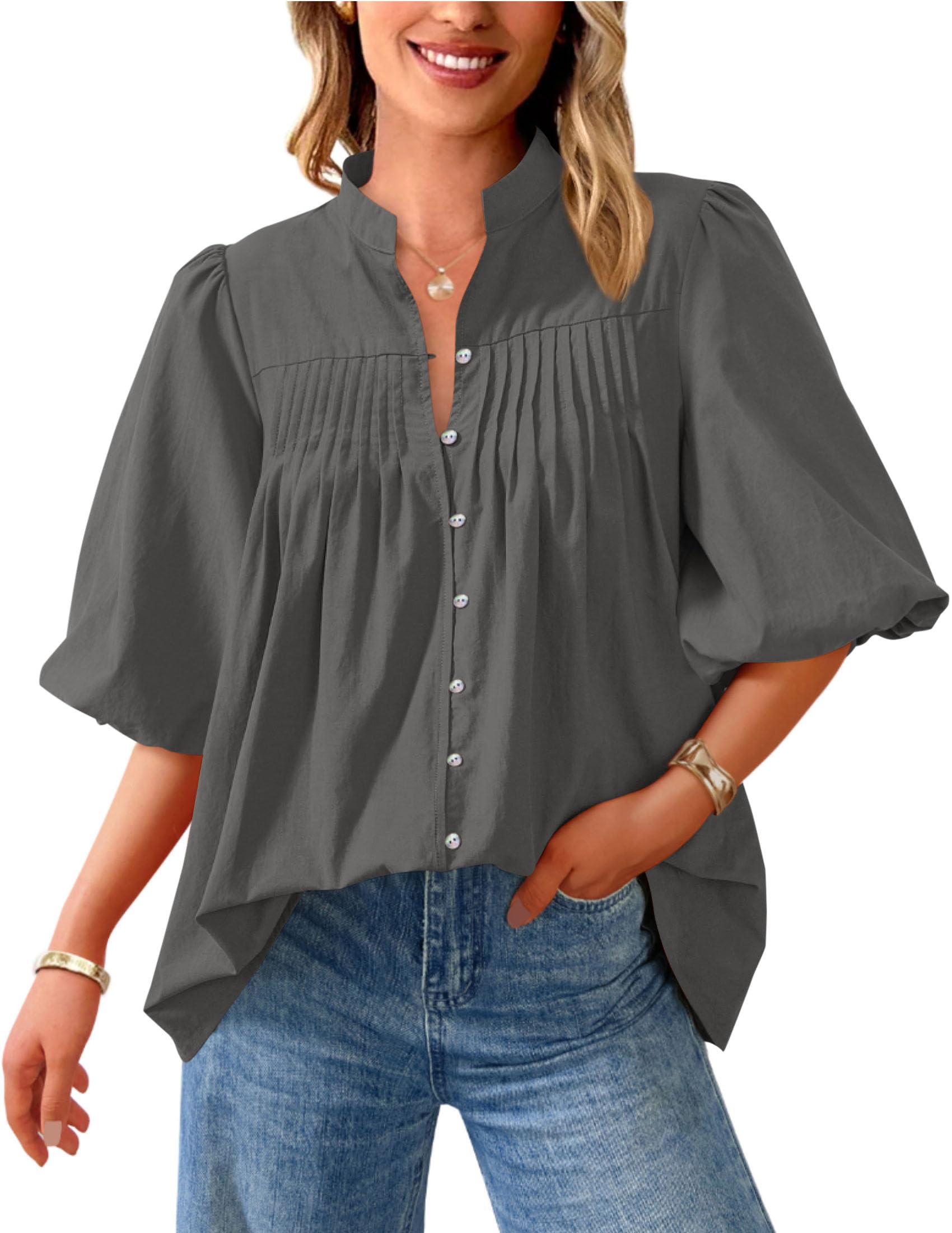 Short Sleeve Henley Shirts for Women,Grey,S
