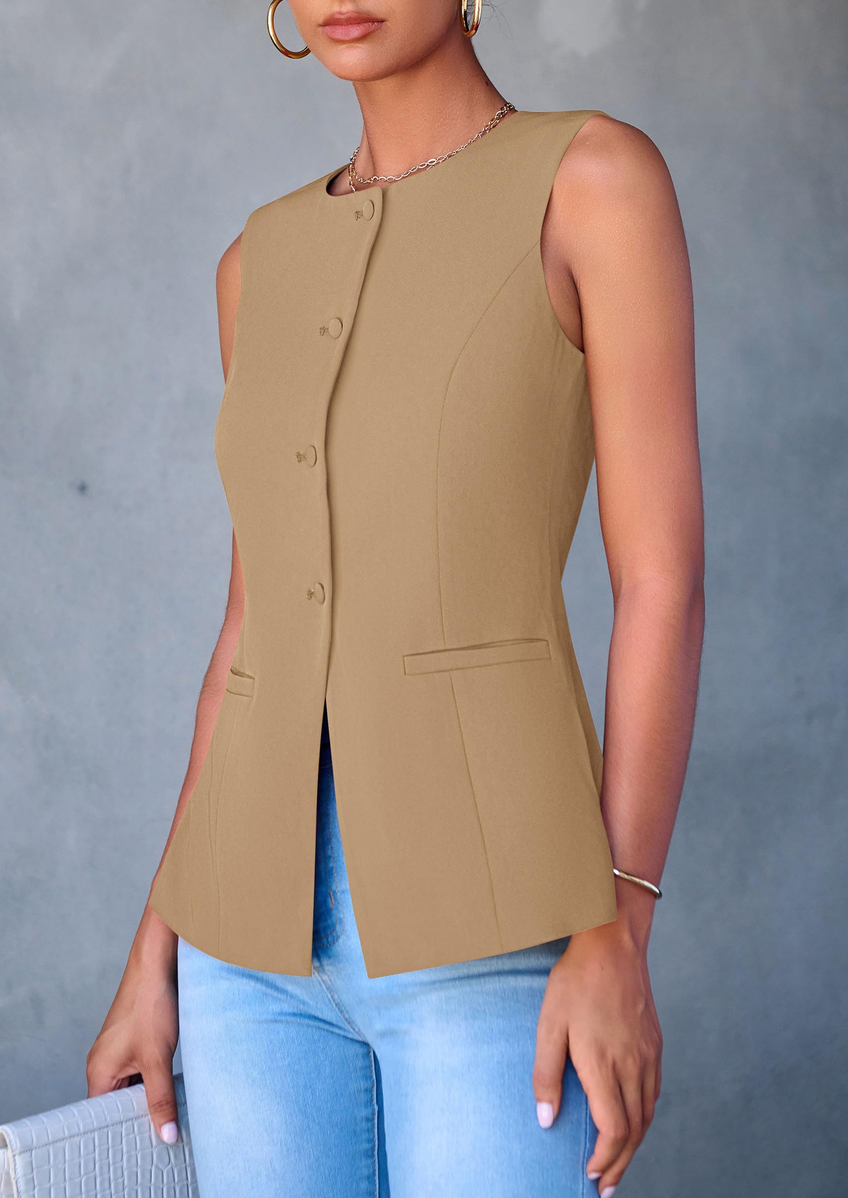 Women Tailored Suit Vest Business Casual Tops, Light Khaki,S