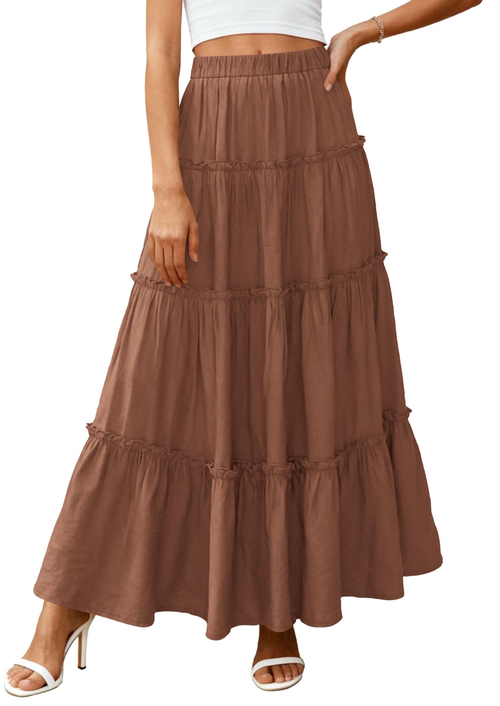 Women's Boho Tiered Ruffle Flowy Maxi Skirt, Light Brown,S