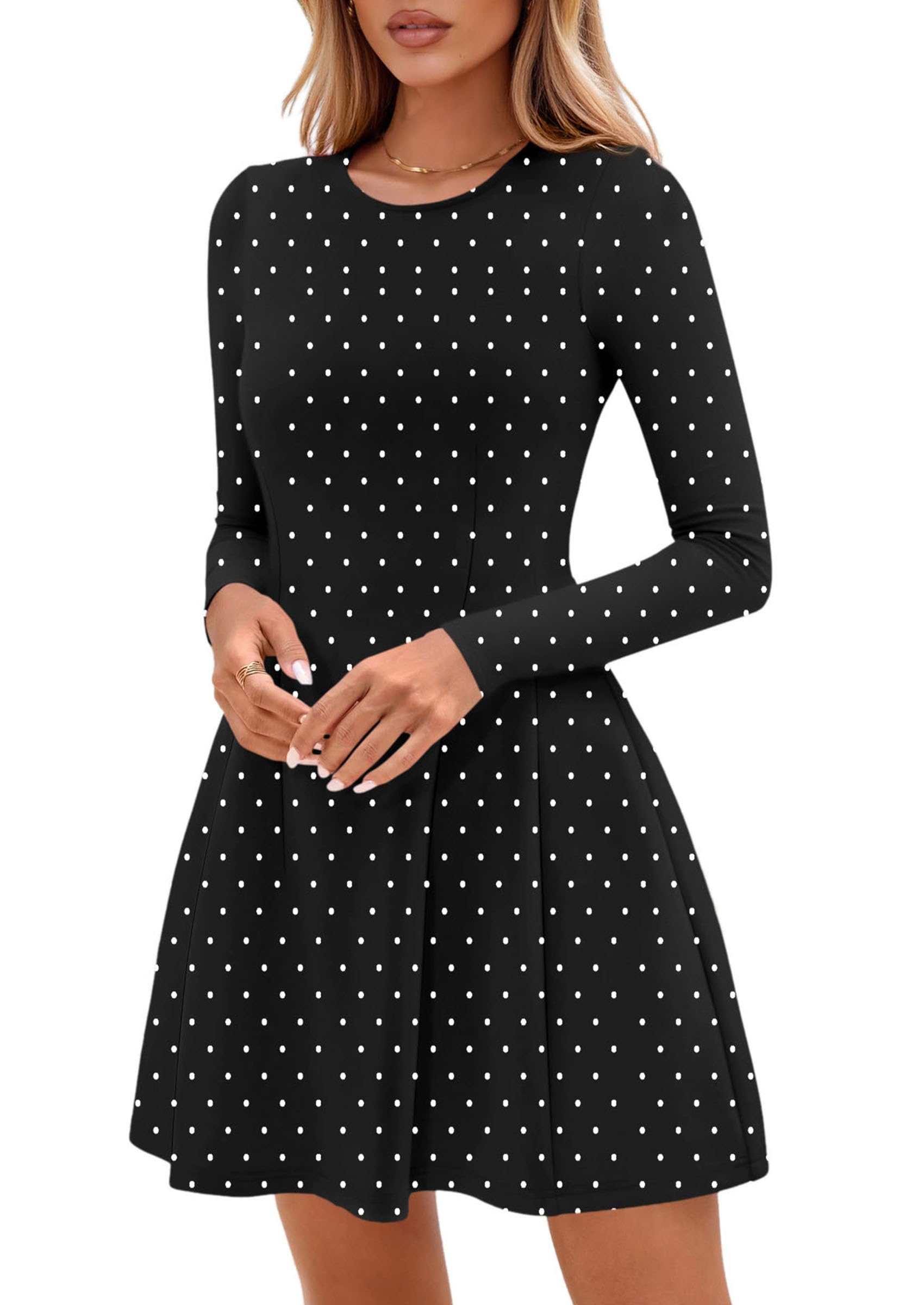 Womens Long Sleeve Pleated Mini Dress,Dot Black White,XS