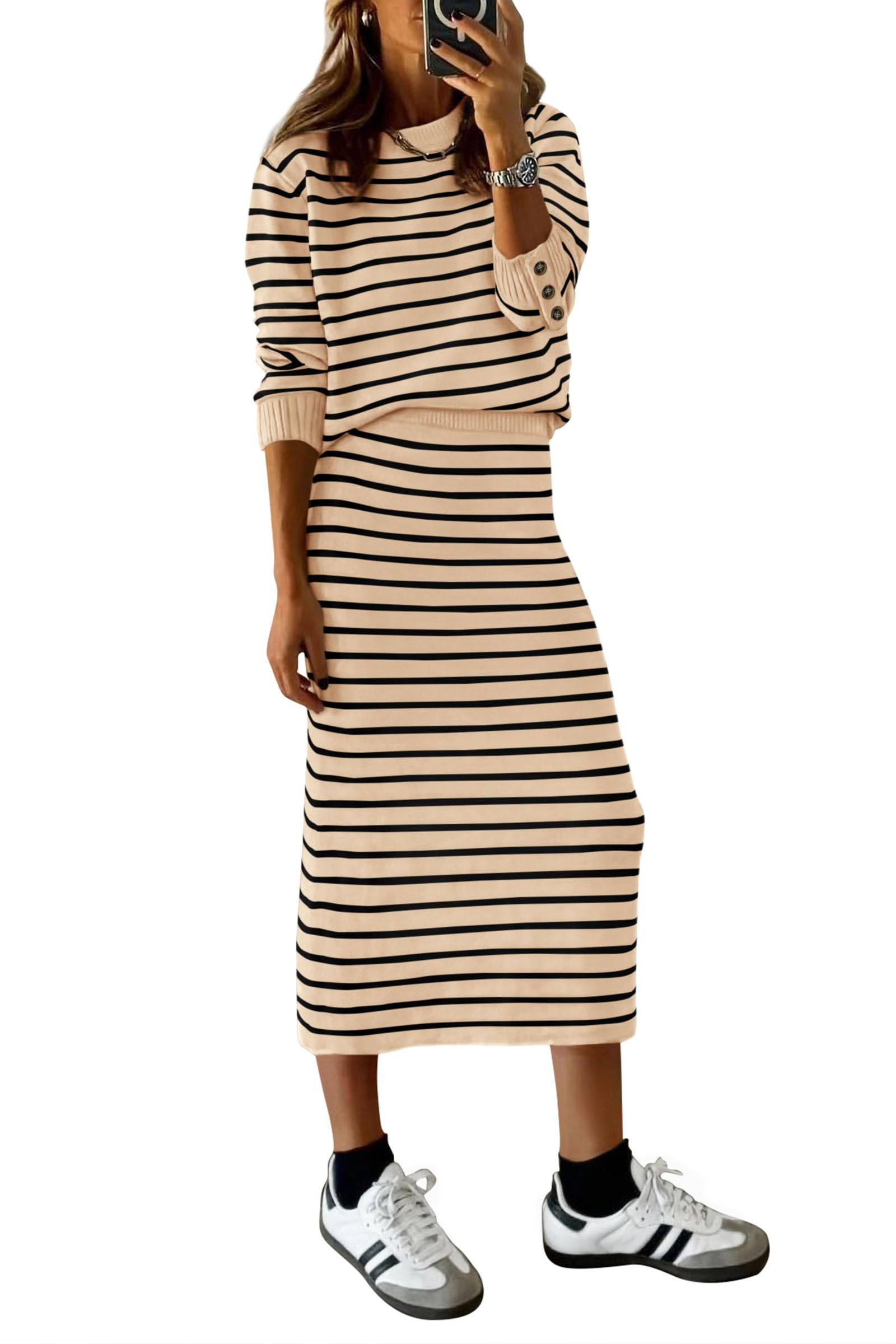 Women's 2 Piece Striped Sweater Skirt Set Fall Matching Sets