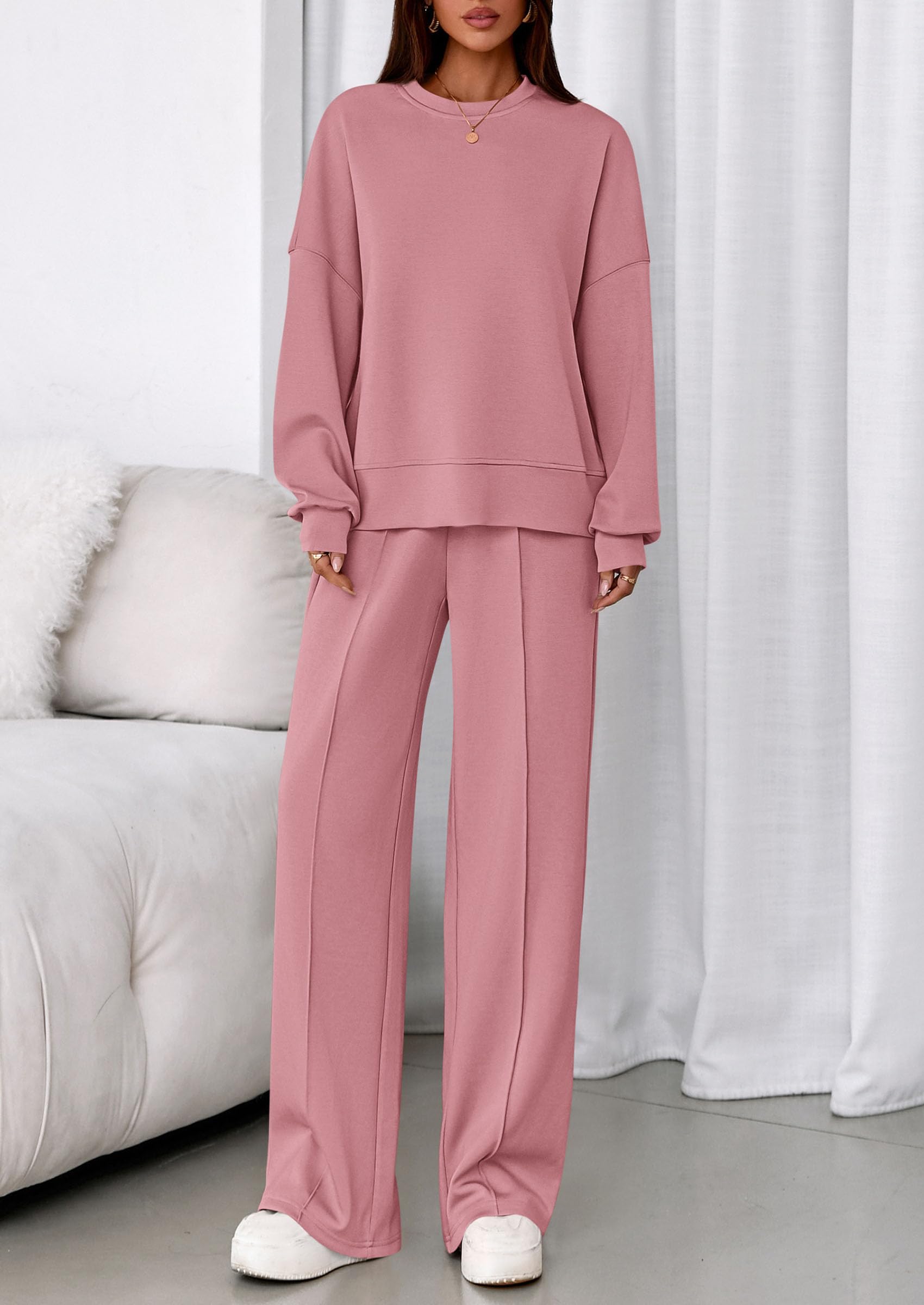 Womens Long Sleeve Sweatshirt 2 Piece Sets,Pink,S
