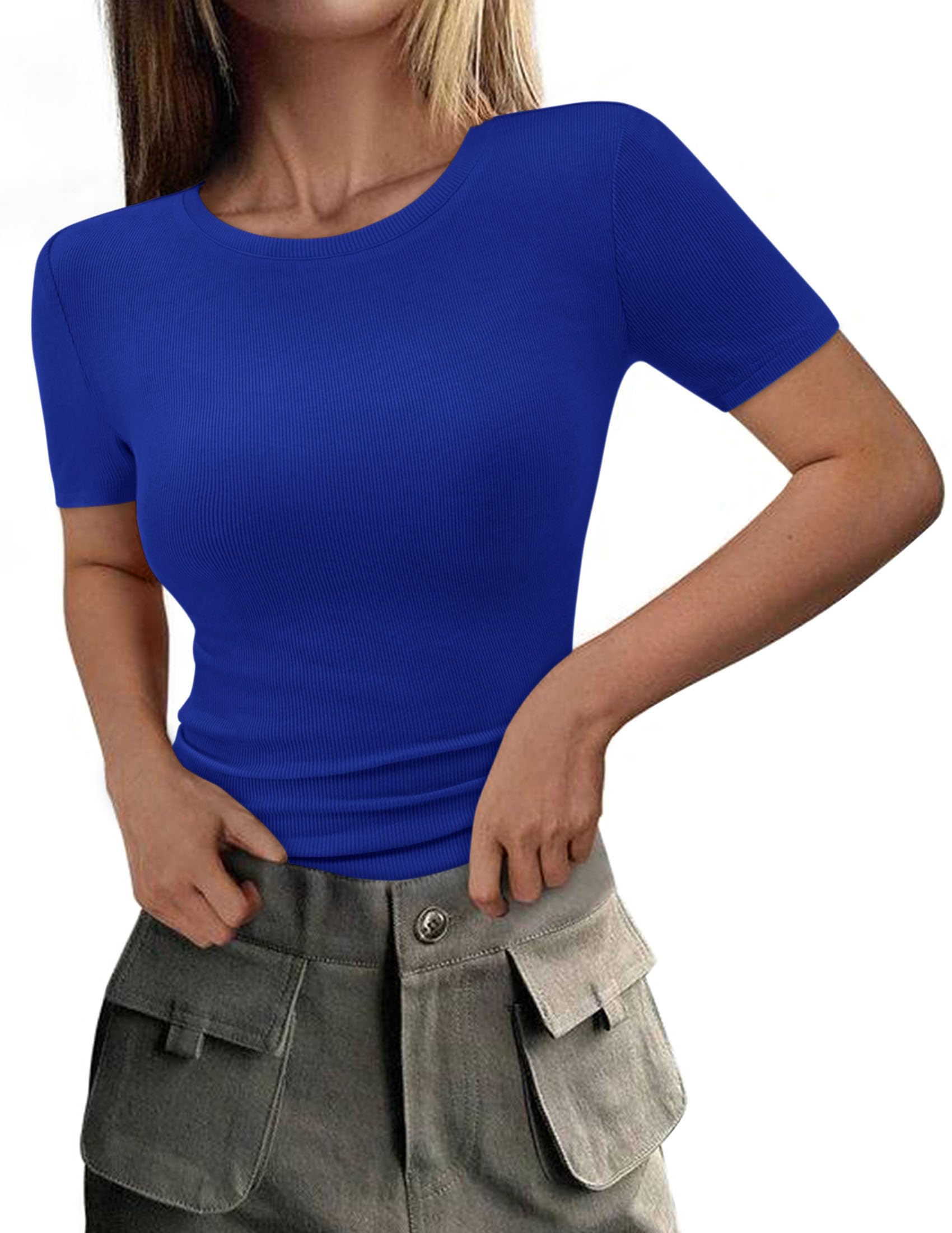 Womens Short Sleeve Slim Fit Basic Shirts,Royal Blue,XS