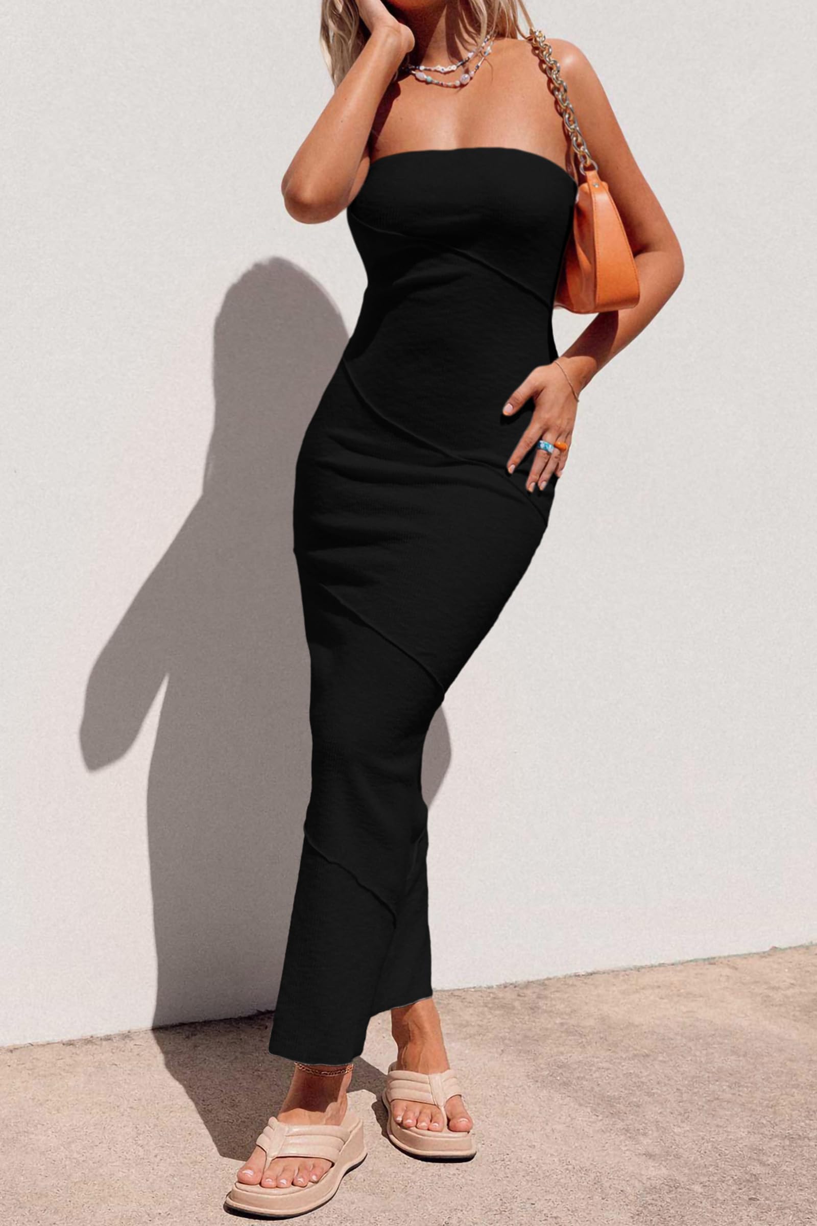 Women's Summer Strapless Bodycon Maxi Dress Black,X-Small