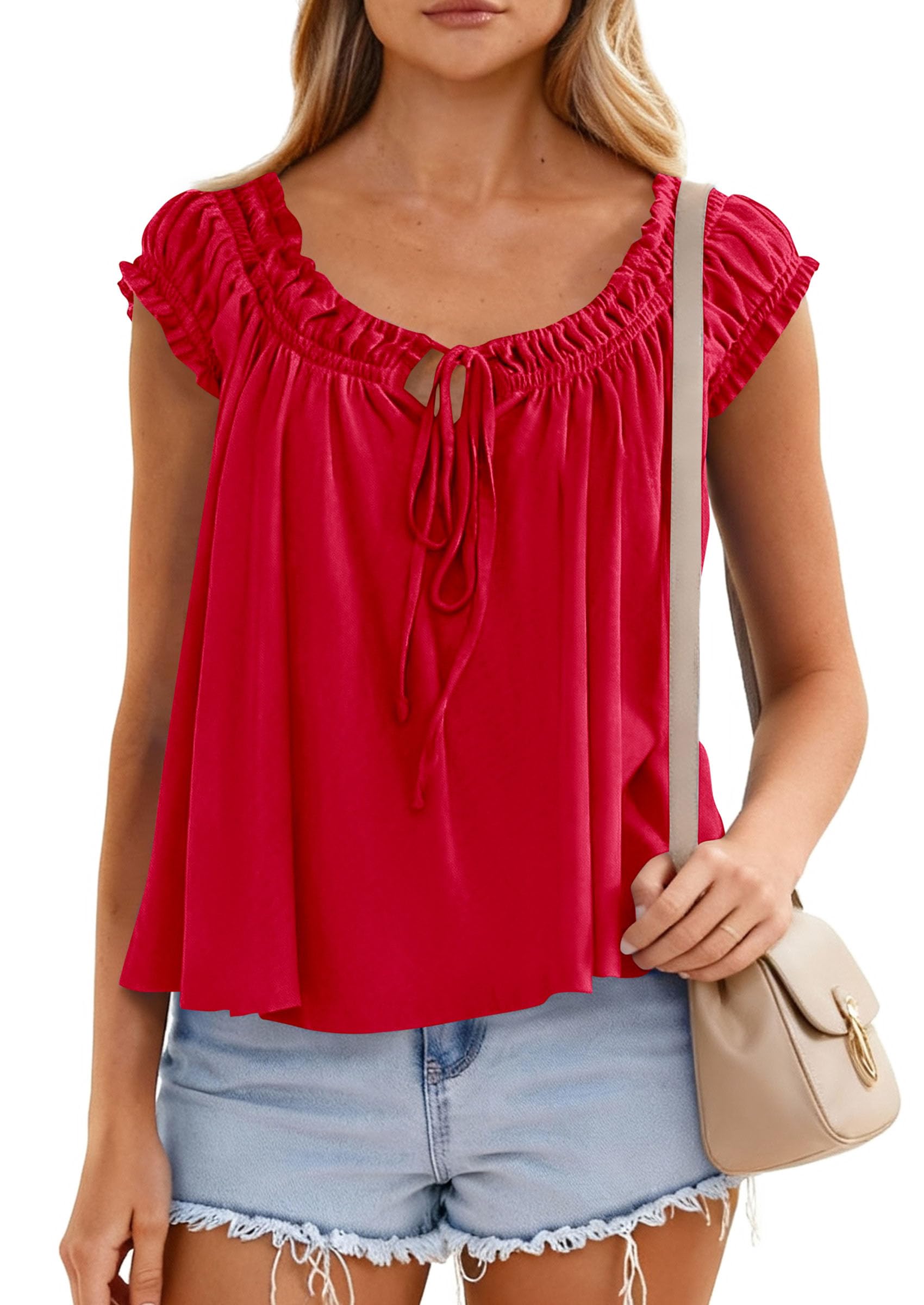 Womens Summer Tank Tops Babydoll Peplum Blouses,Red,S