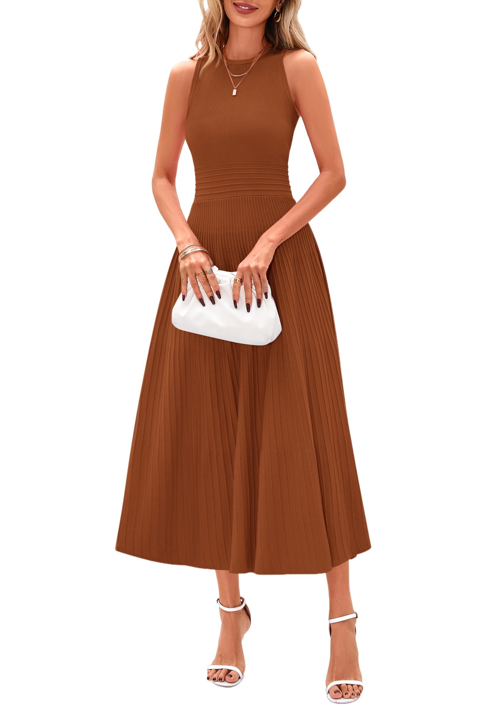 Women's Summer Pleated Midi Work Dress,Caramel,S