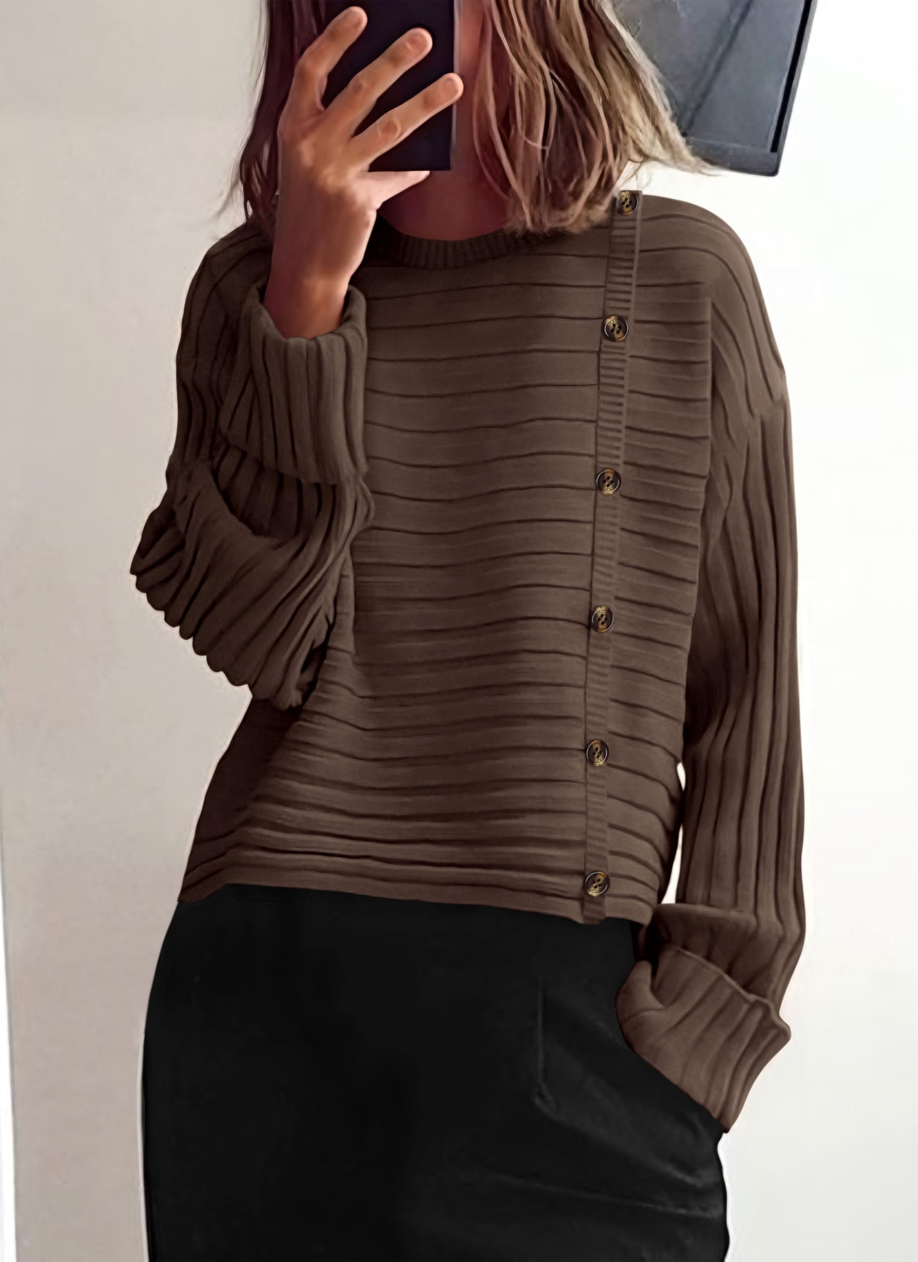Womens Asymmetric Button Long Sleeve Sweater,Coffee,S