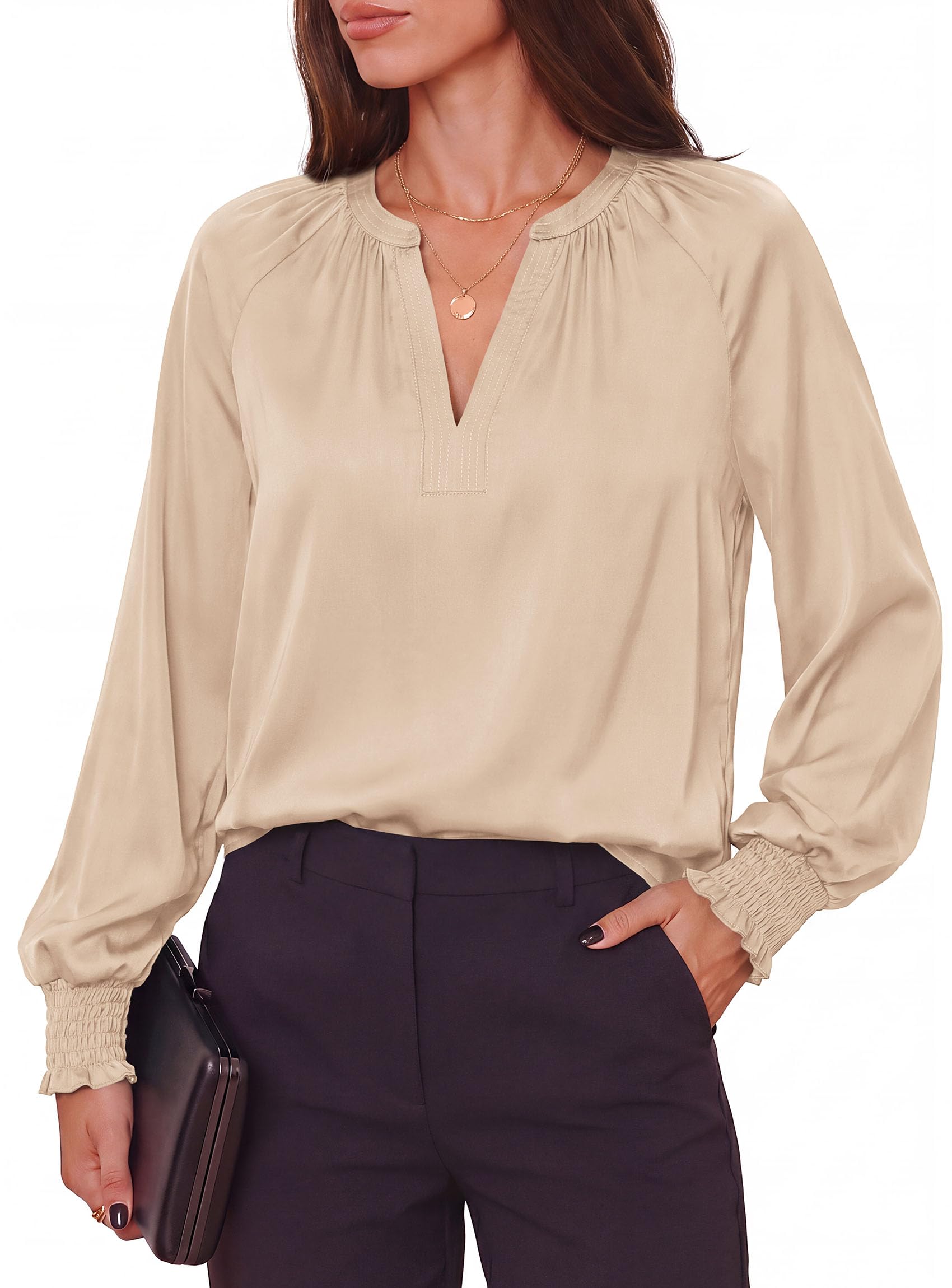 Women's Satin Blouses V Neck Long Sleeve Tops,Beige,S