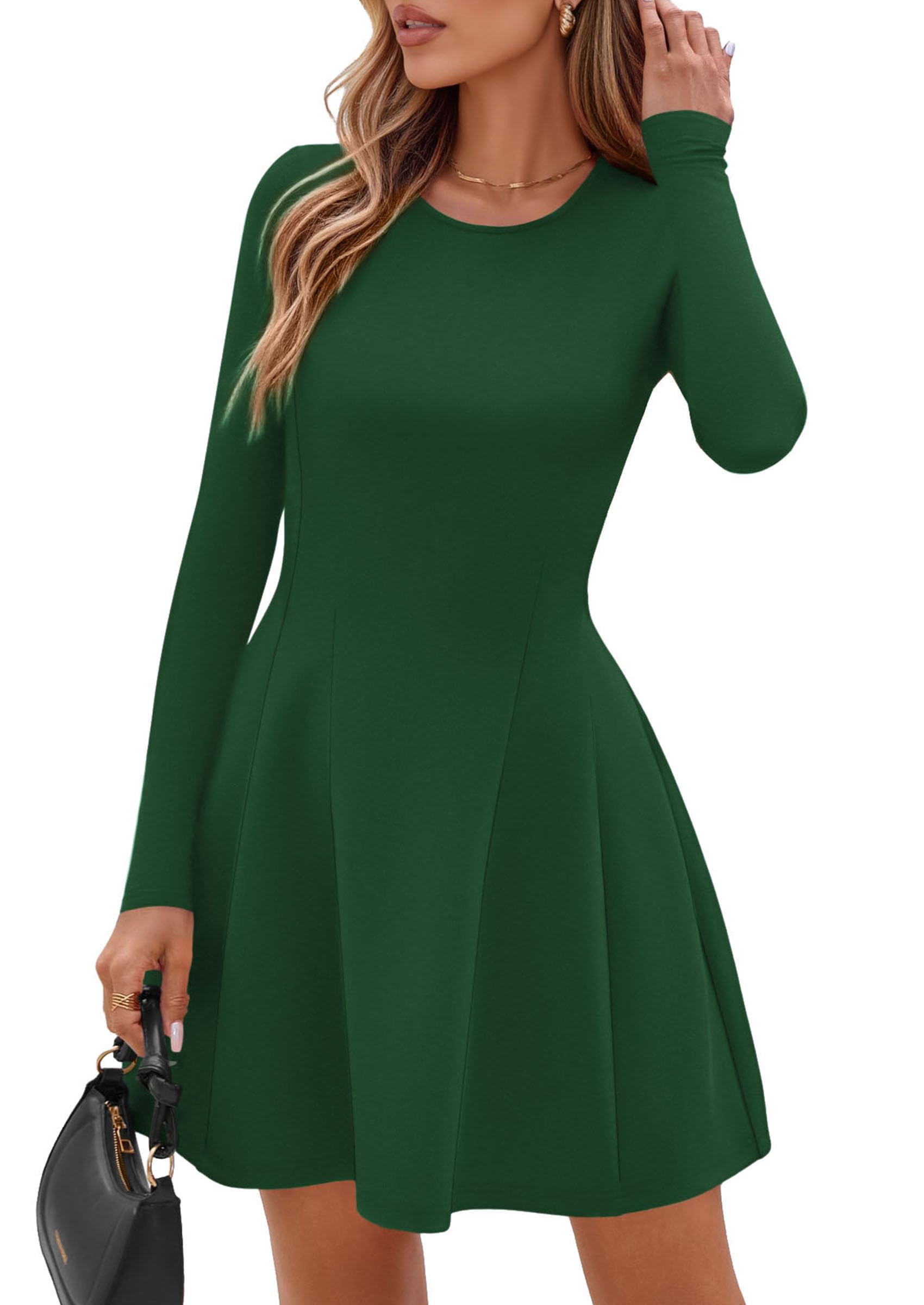 Womens Long Sleeve Pleated Mini Dress,Green,XS