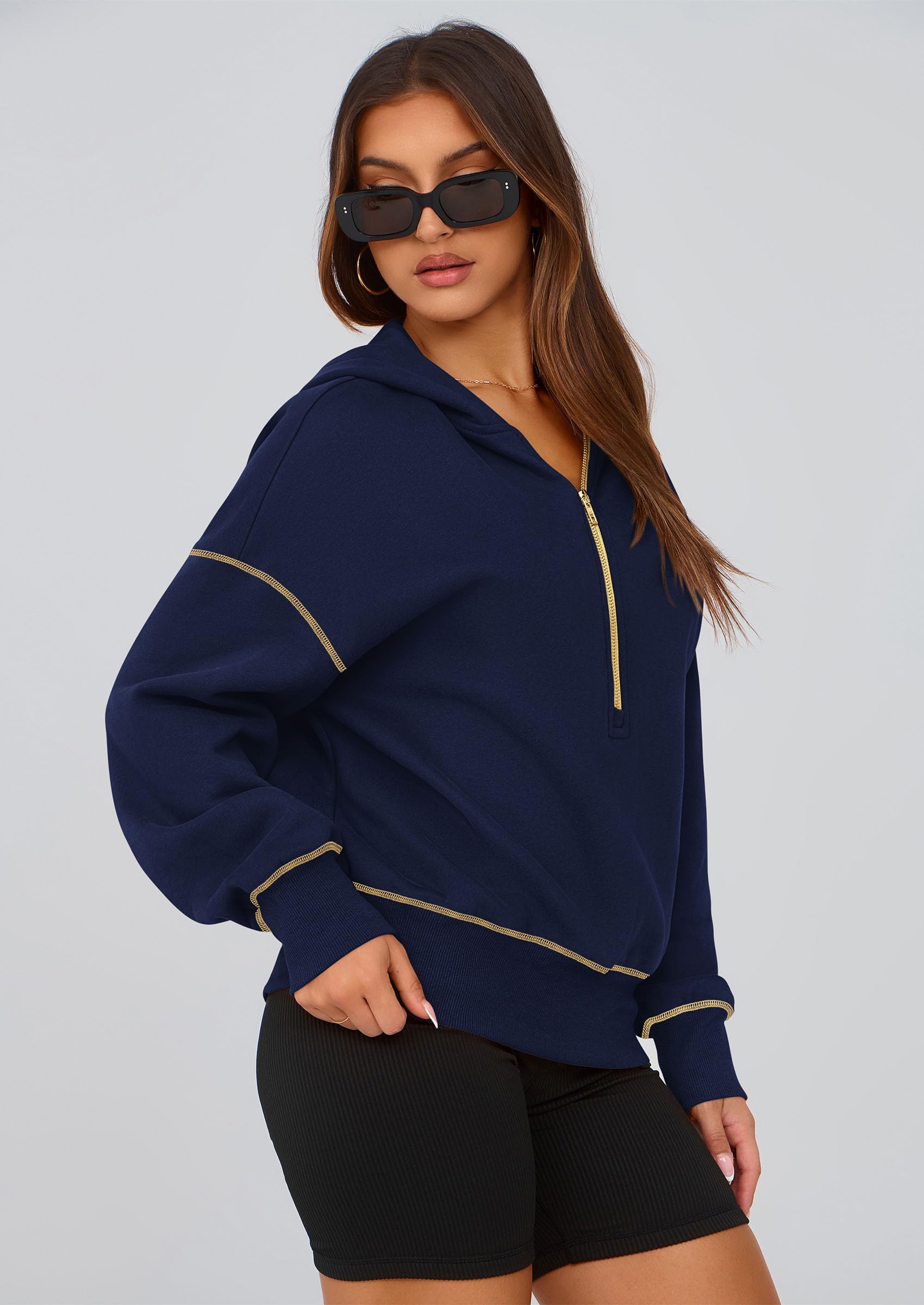 Women's Fall Half Zip Cropped Hoodie Sweatshirt Navy Blue