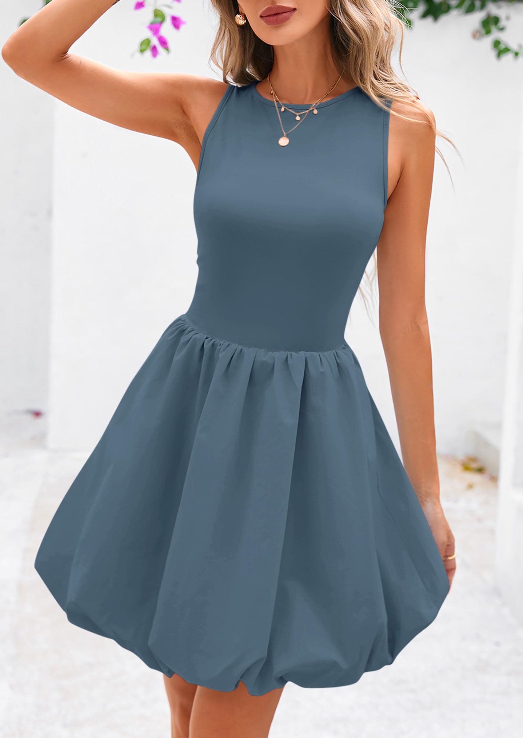 Womens Summer Bubble Sleeveless Mini Dress,Grey Blue,S