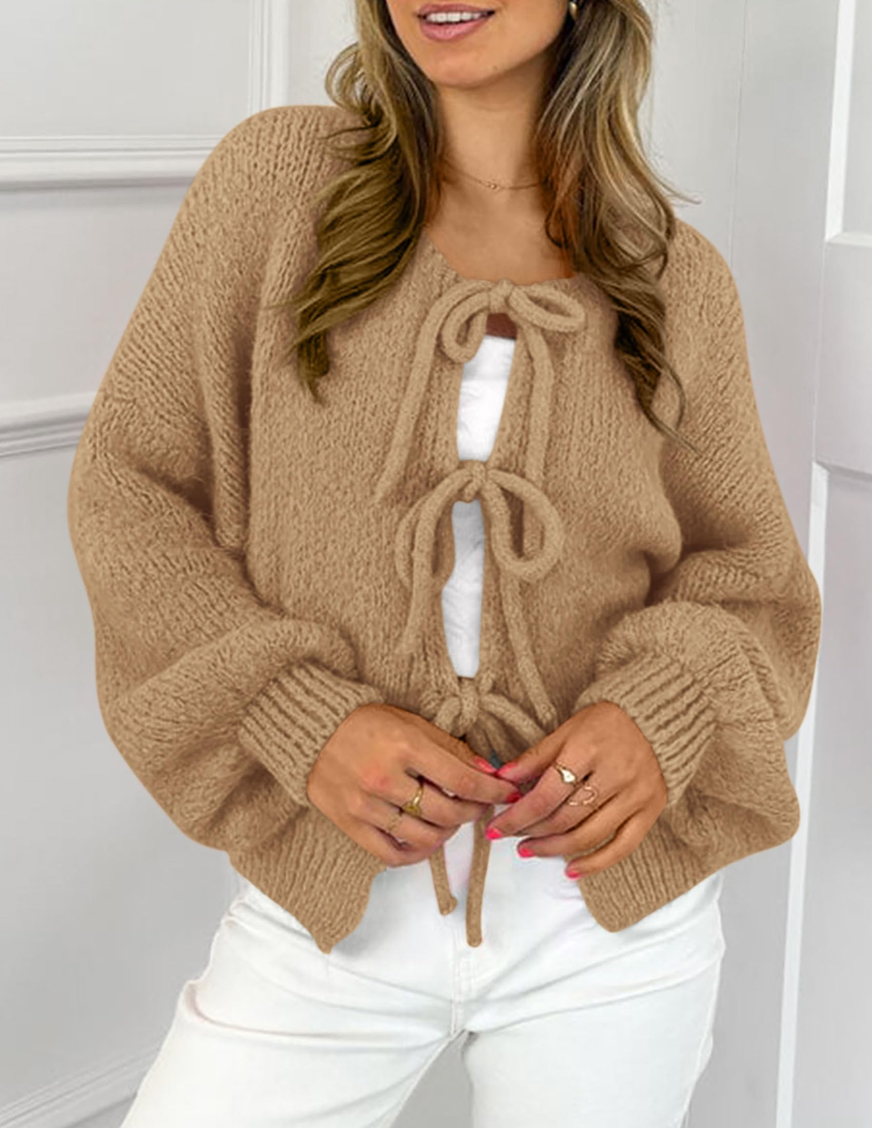 Women's Tie Front Bow Cardigan Sweaters(Khaki,Small)
