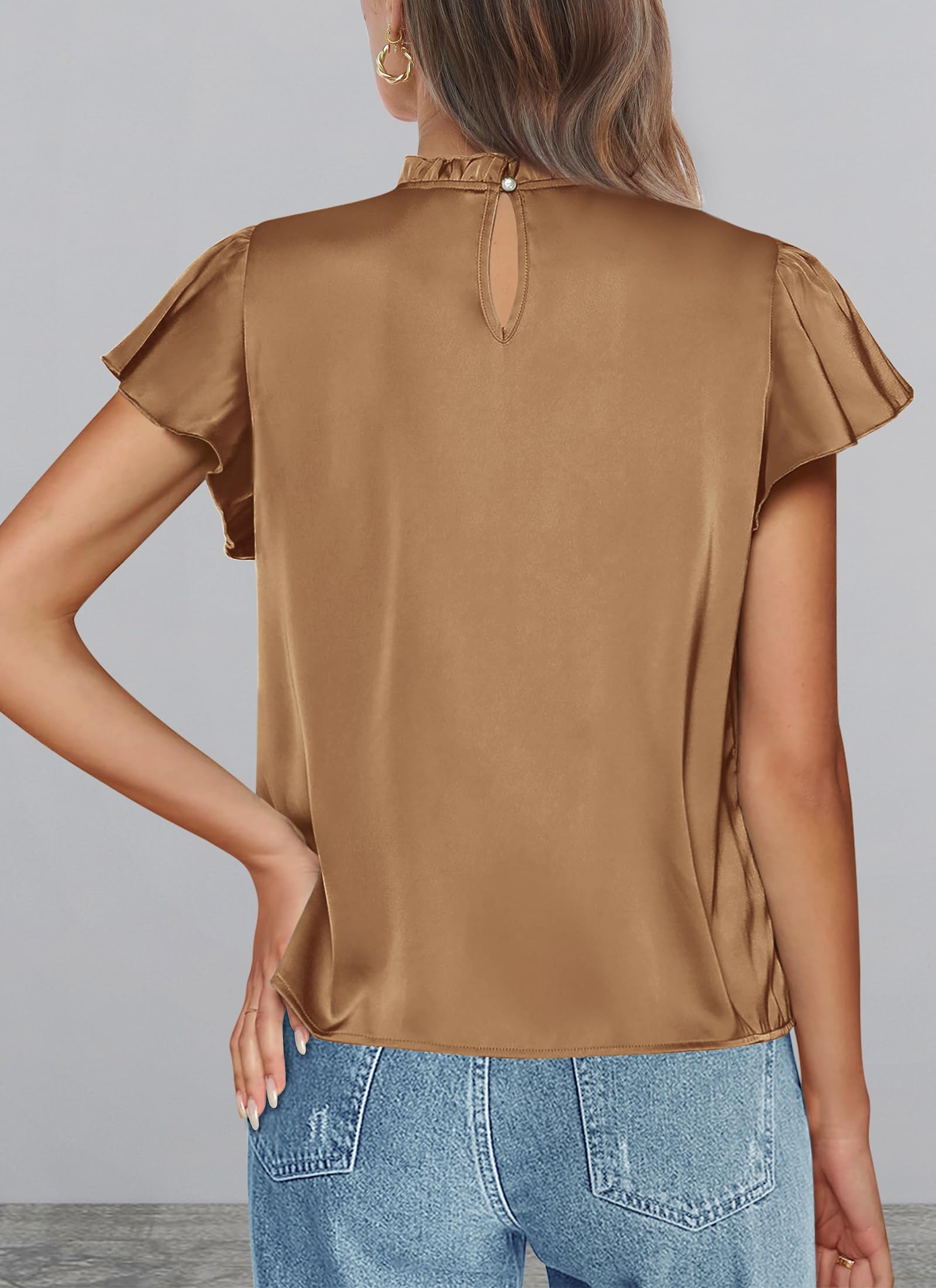 Women's Satin Tops Business Casual Work Blouses, Dark Khaki,S