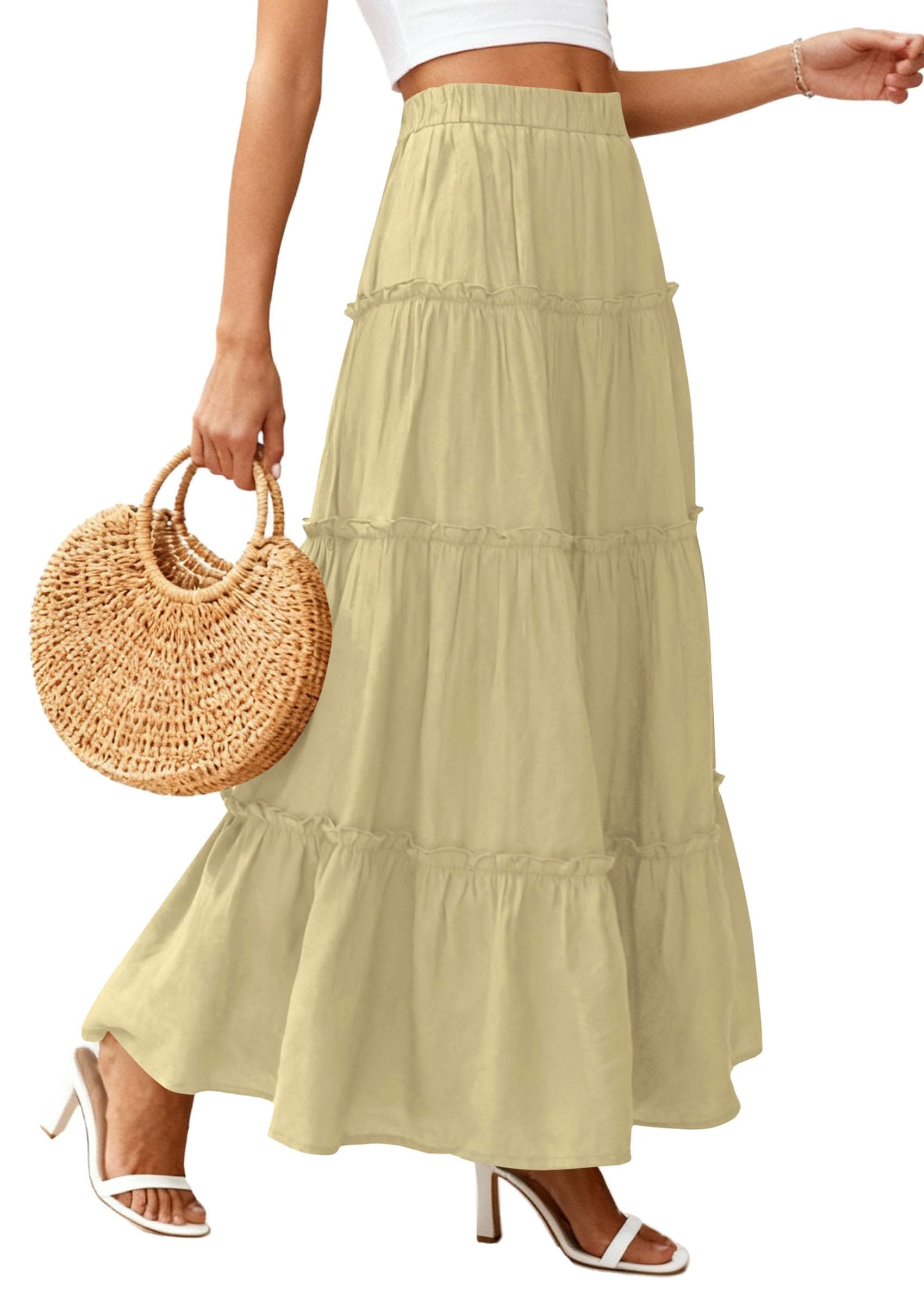 Women's Boho Tiered Ruffle Flowy Maxi Skirt, Yellow,S