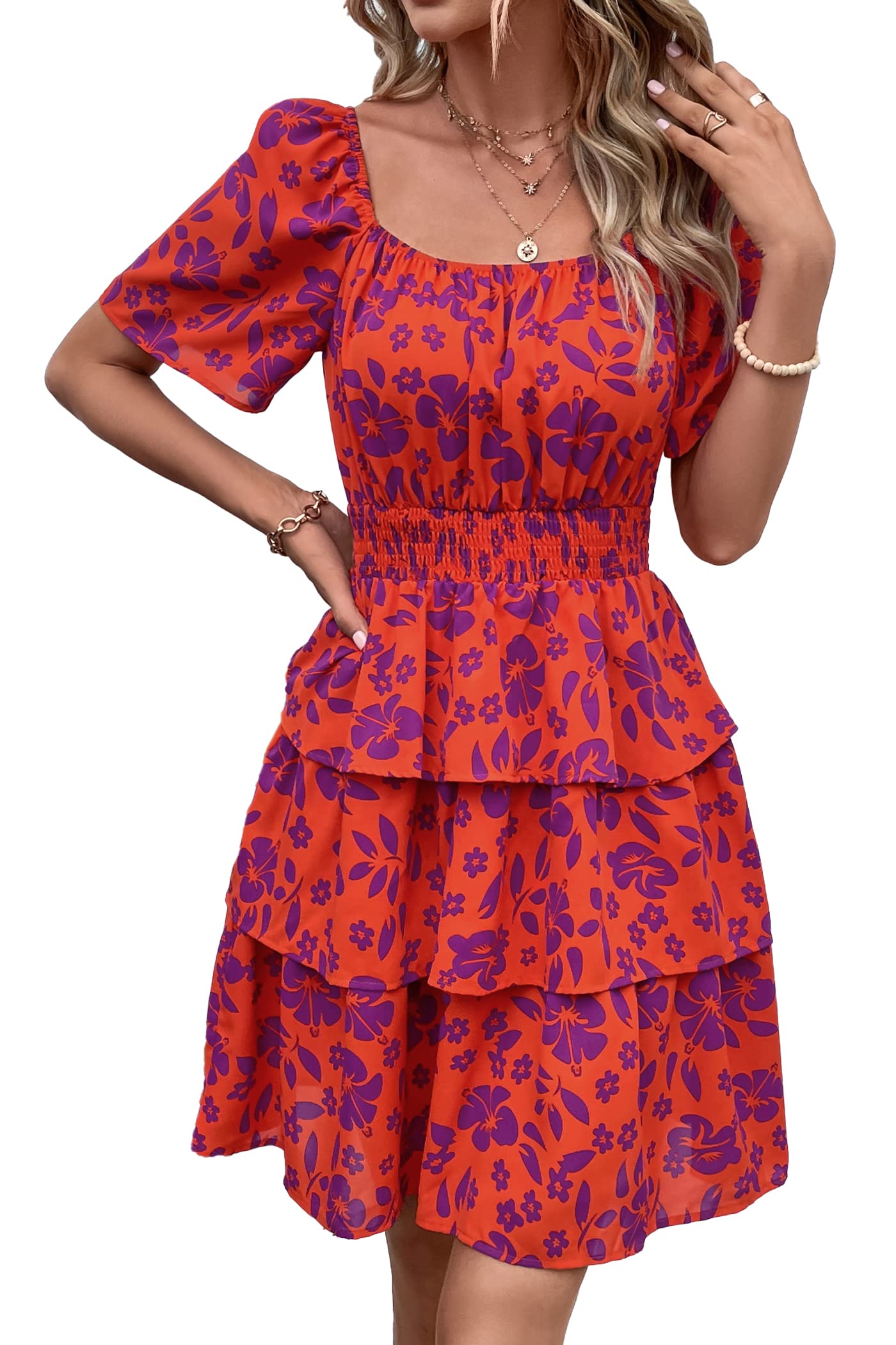 Women's 2025 Floral Summer Short Dress Square Neck Short Sleeve Tiered Ruffle Boho Swing Dresses (Orange Purple Floral,Small)