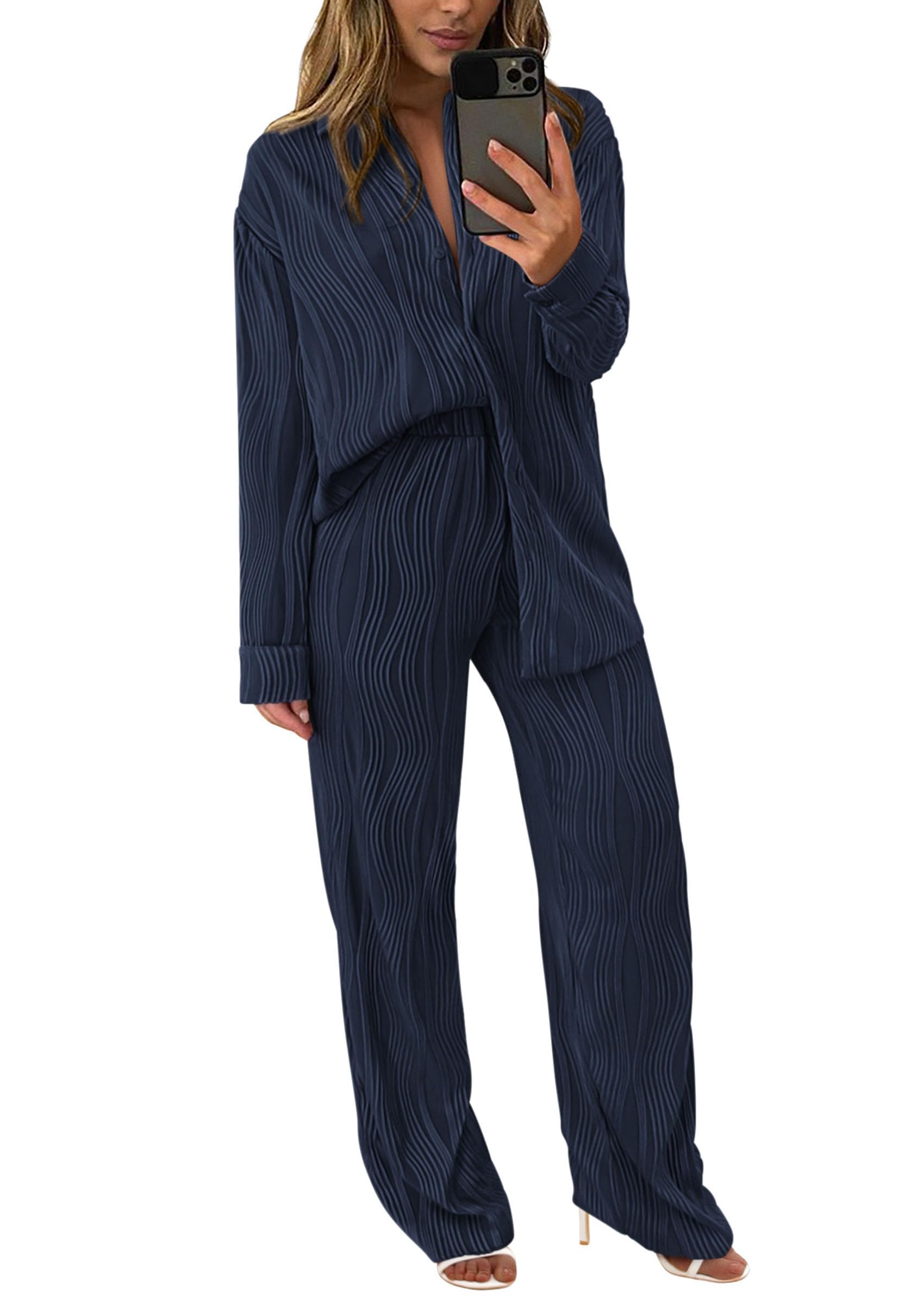 Womens 2 Piece Sets Button Down Lounge Tracksuit,Dark Blue,S