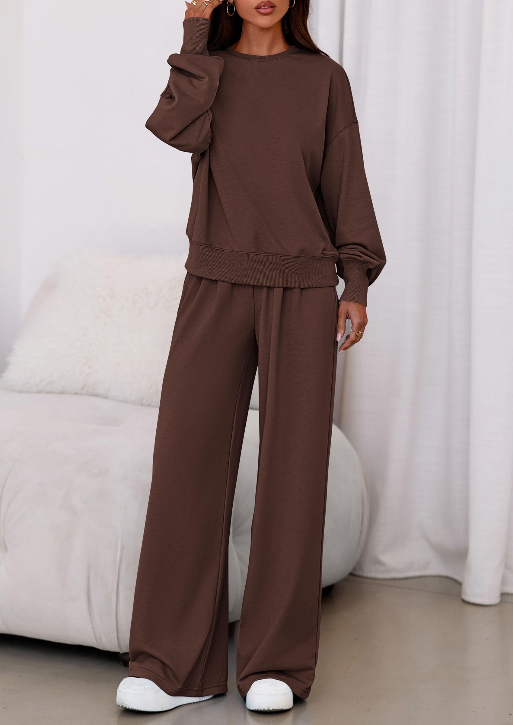 Womens Loose Fit Casual 2 Piece Lounge Set,Brown,S