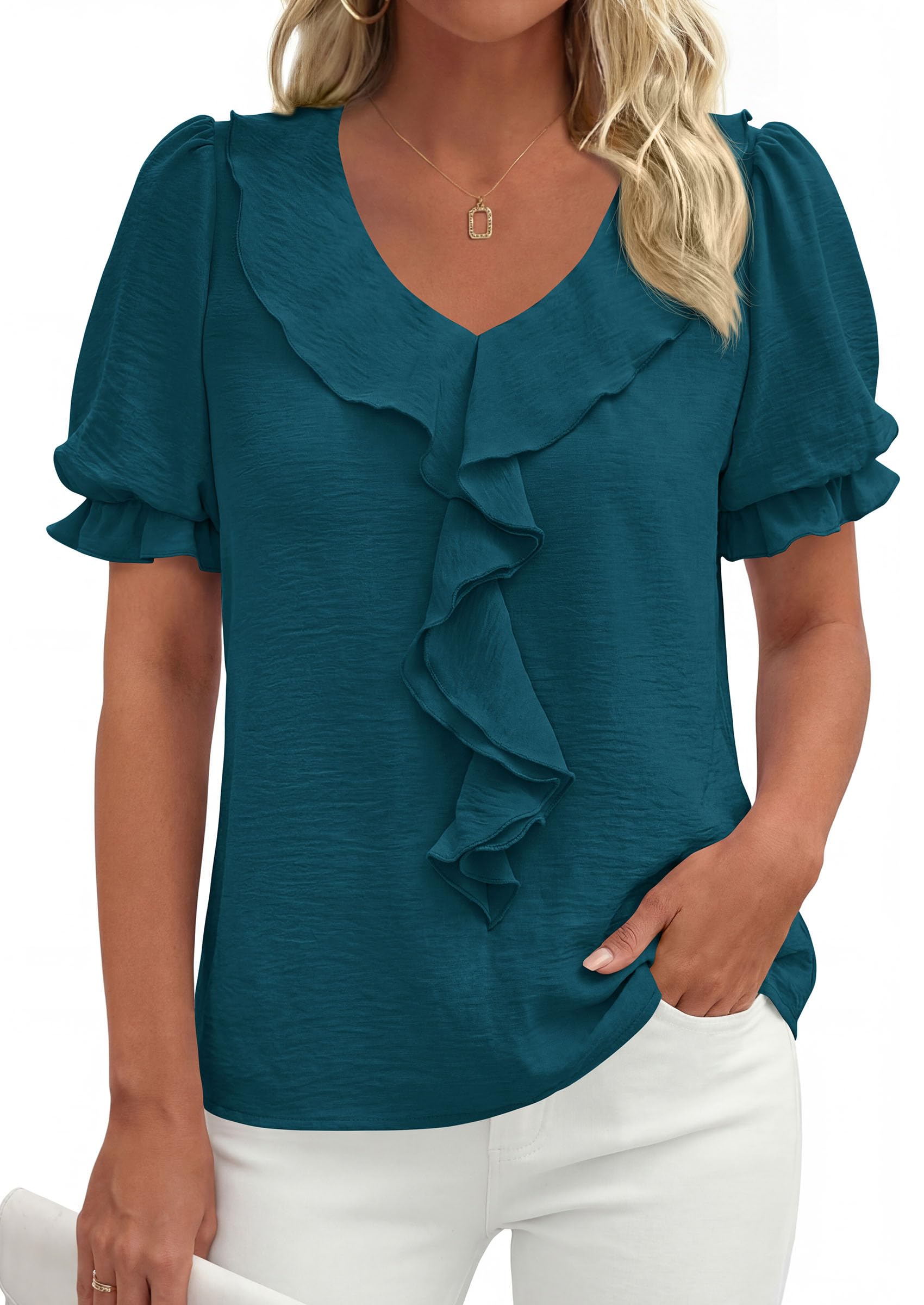 Women's Summer Ruffle Dressy Casual Blouses (Dark Blue,S)