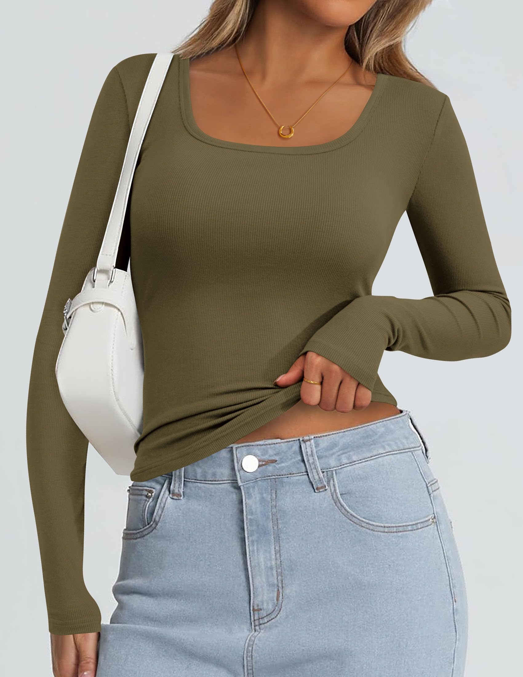 Square Neck Long Sleeve Shirts for Women Army Green,XS