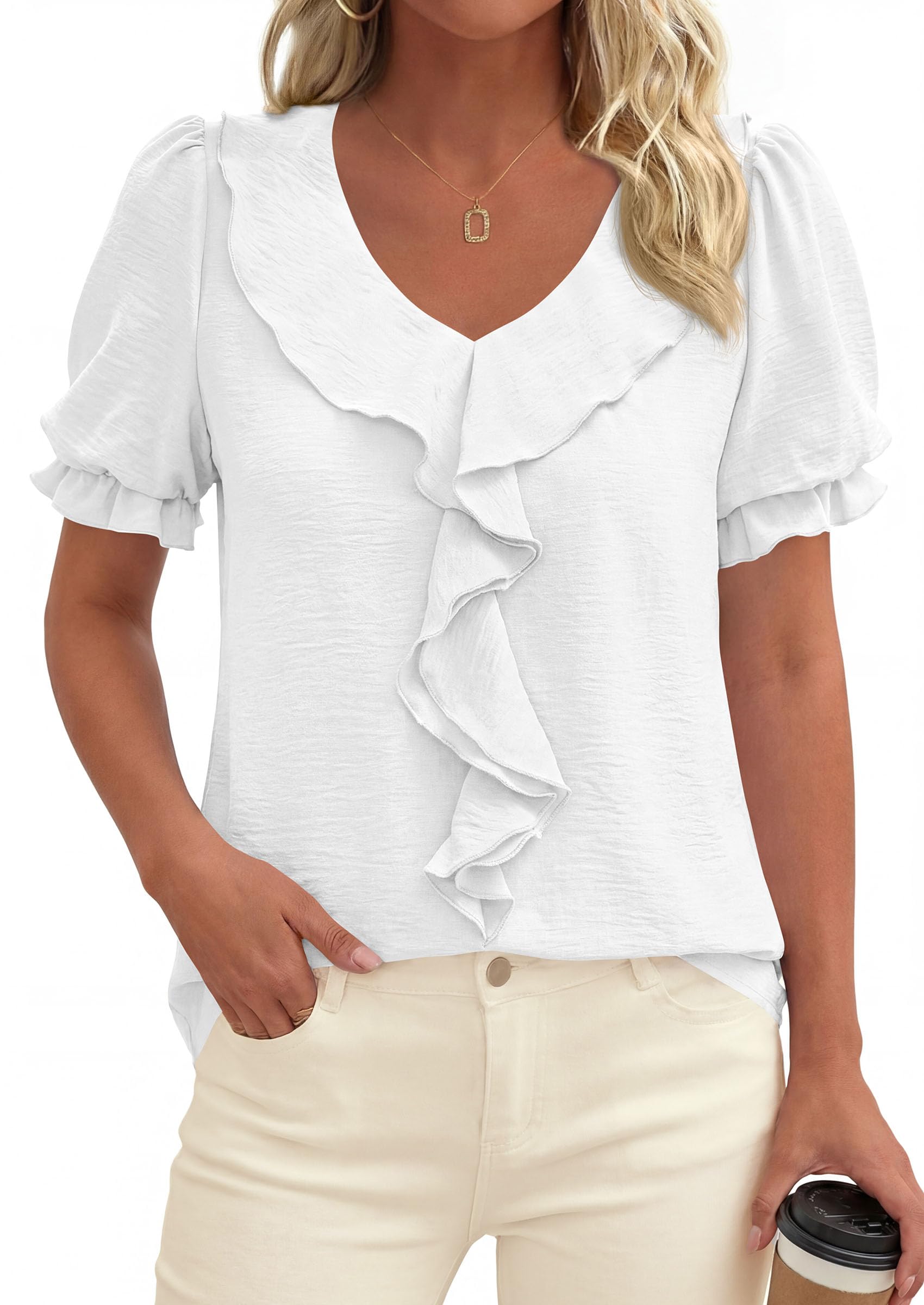 Women's Summer Ruffle Dressy Casual Blouses (White,S)