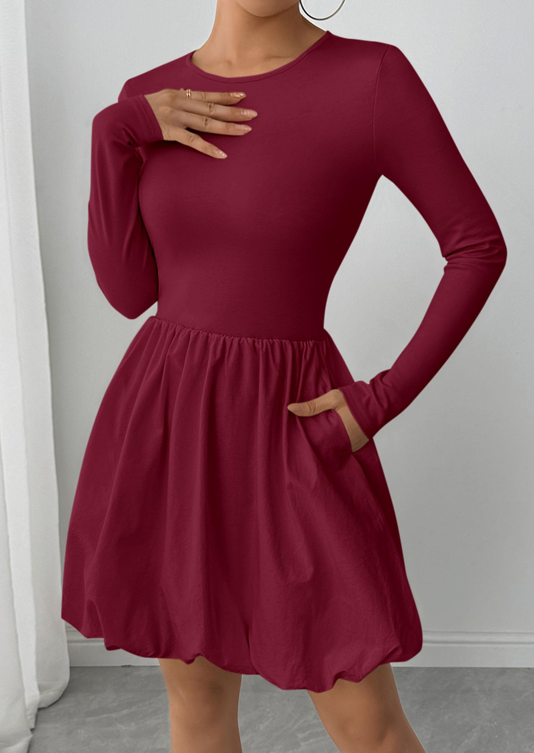 Fall Dresses for Women 2026 Bubble Mini Dress,Wine Red,S