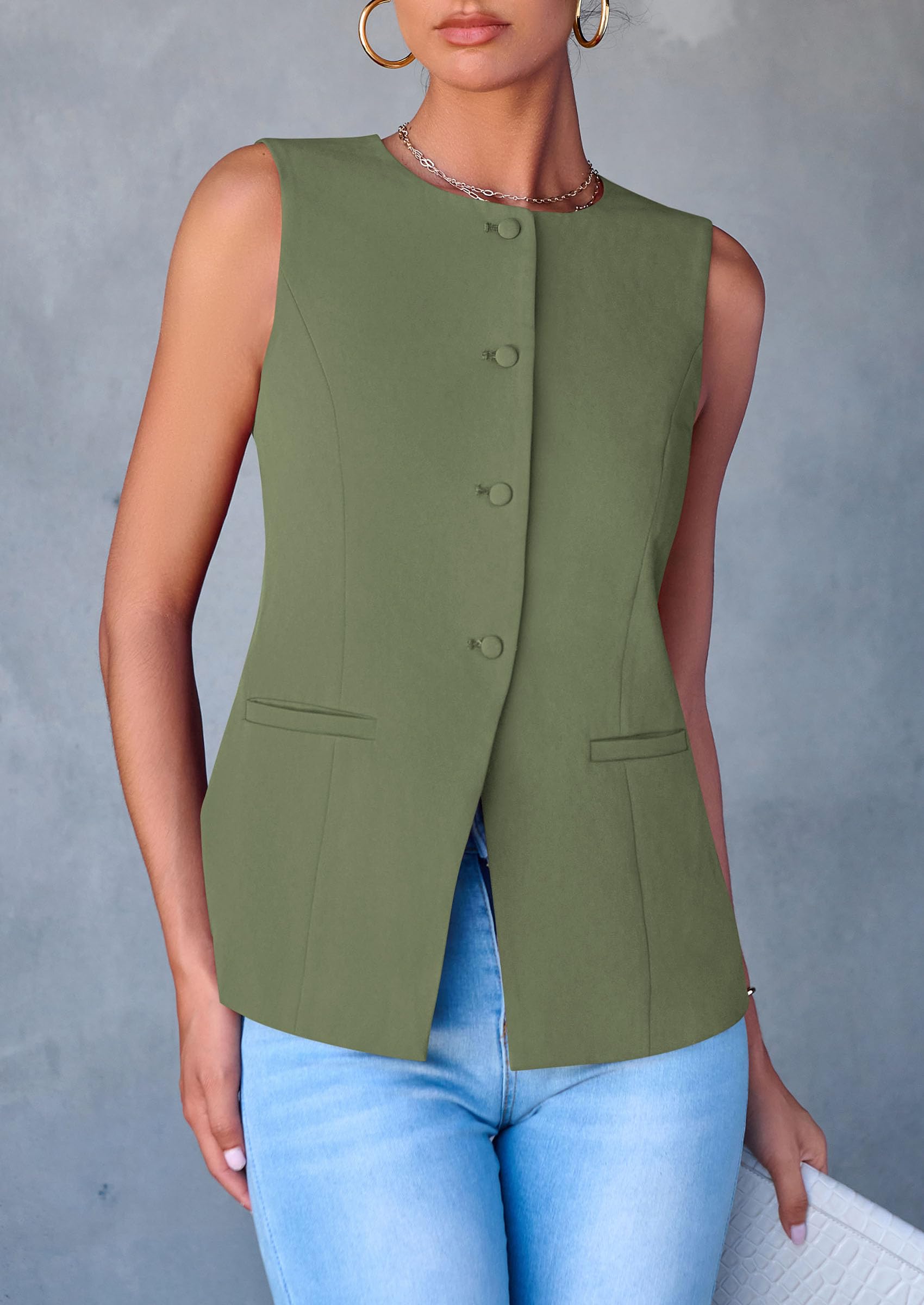Women Tailored Suit Vest Business Casual Tops, Light Green,S