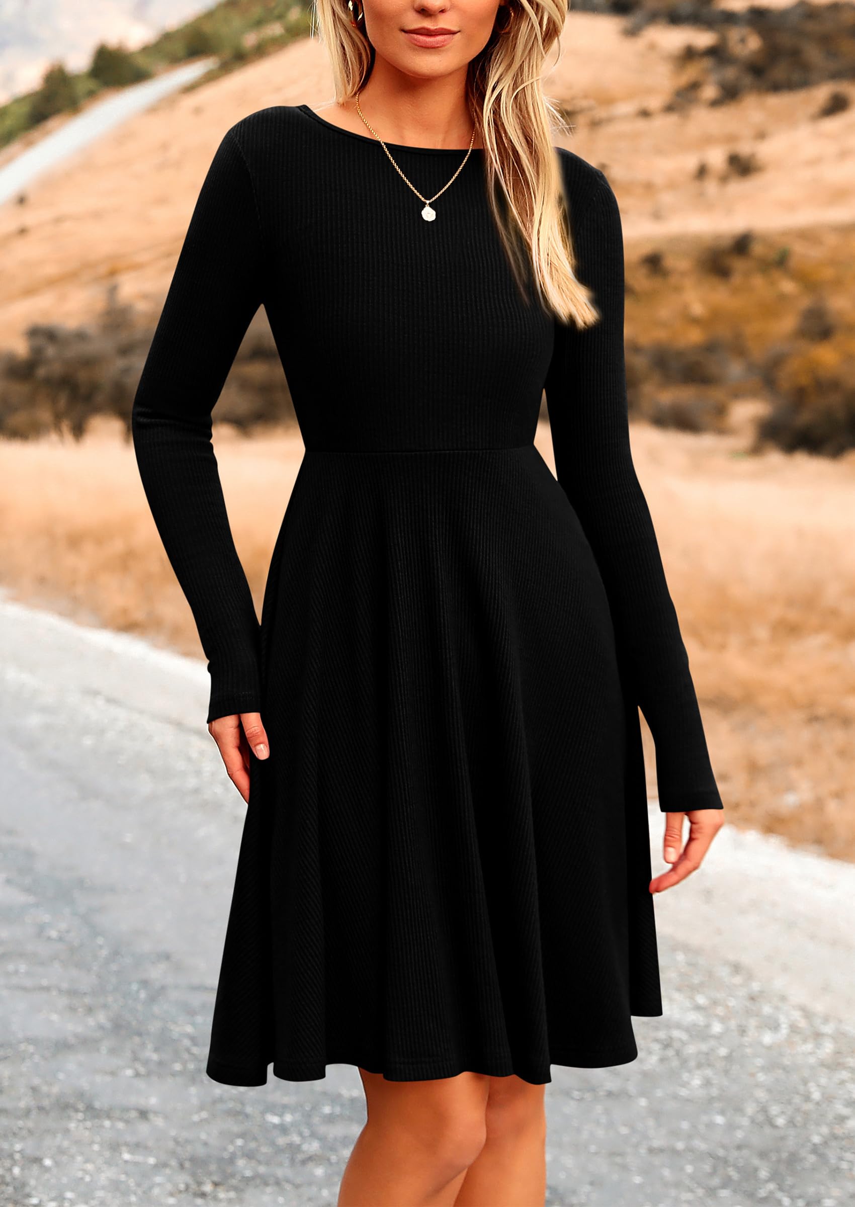 Women's Fall Casual Long Sleeve Short Dress (Black,S)