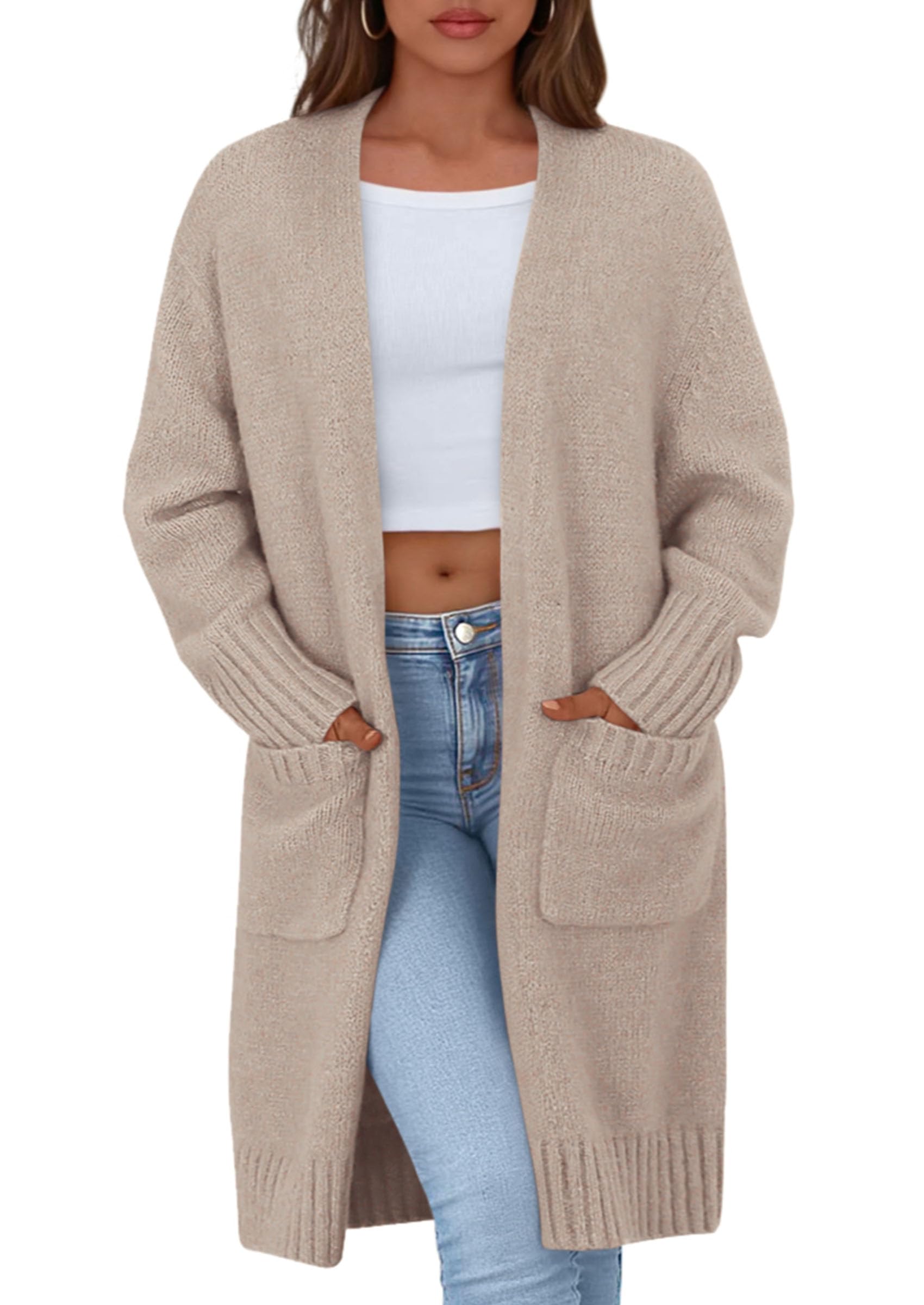 Open Front Cardigan Sweaters for Women,Beige Grey,S