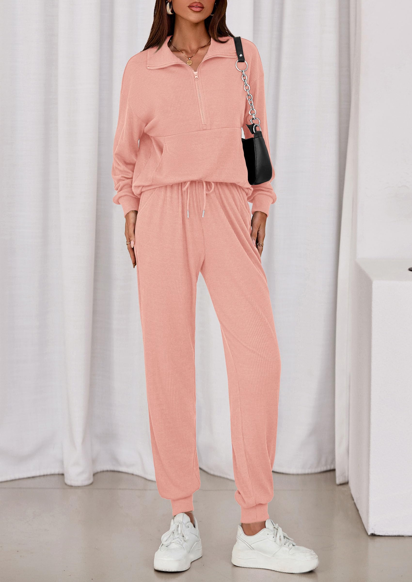 Airport Travel Outfit Women Ribbed Knit Matching Lounge Sets