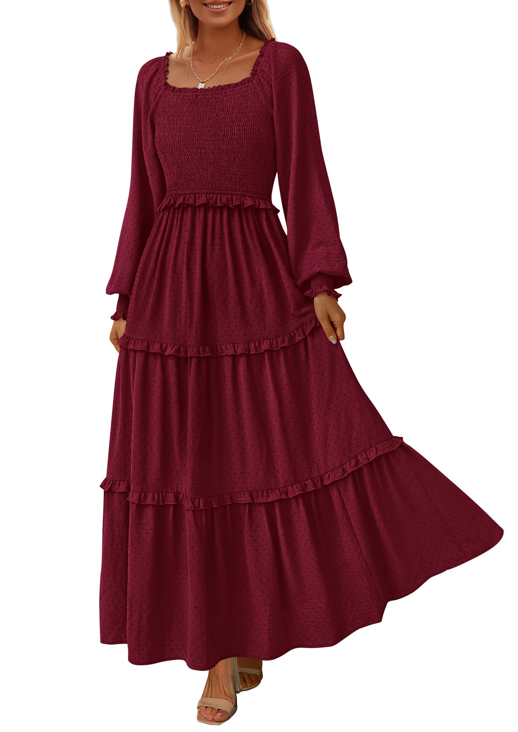 Women's Smocked Long Sleeve Maxi Dress Wedding Guest Dresses