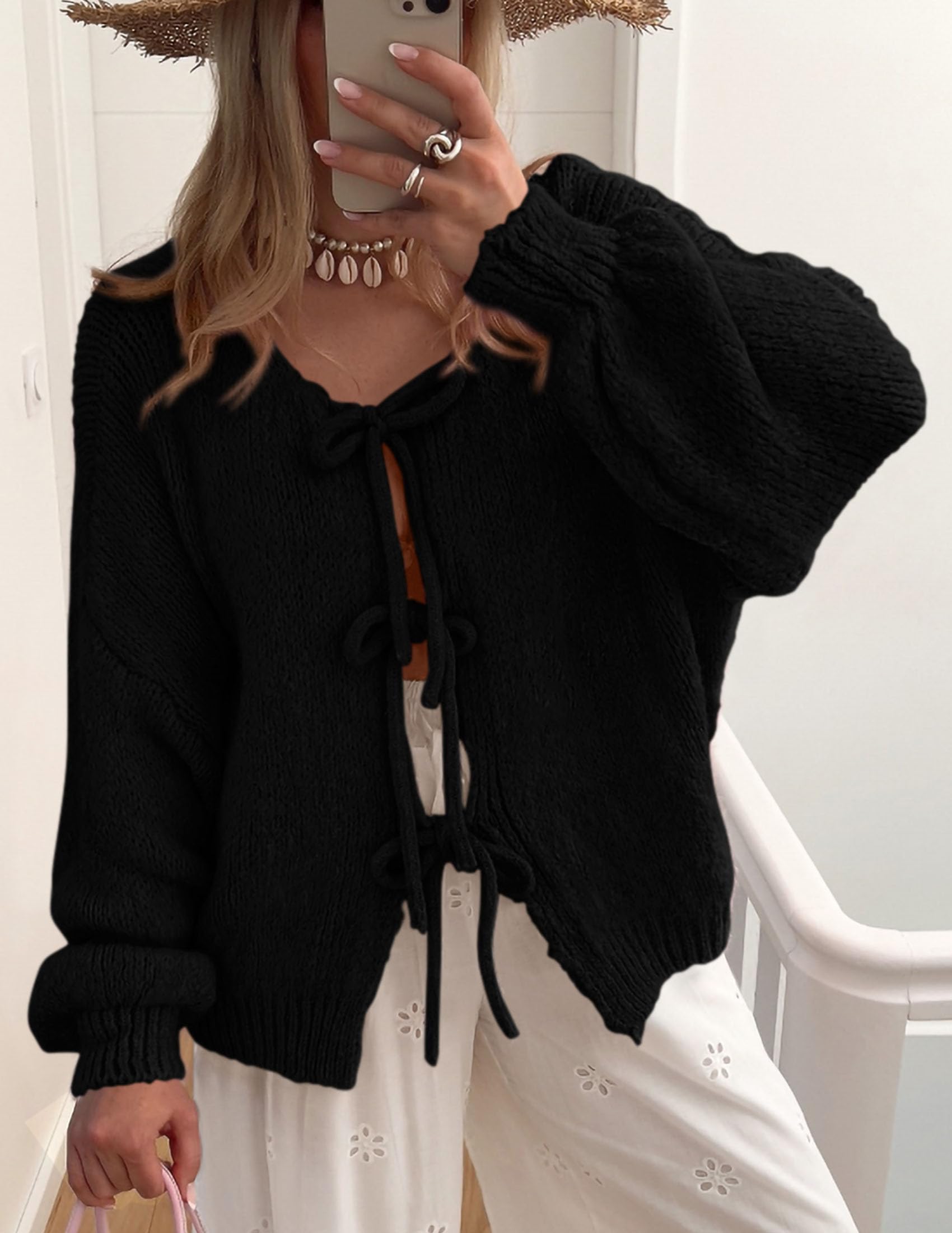 Women's Tie Front Bow Cardigan Sweaters(Black,Small)