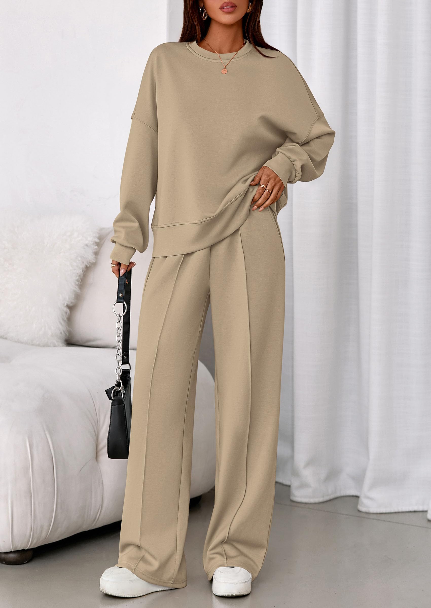 Womens Long Sleeve Sweatshirt 2 Piece Sets,Light Khaki,S