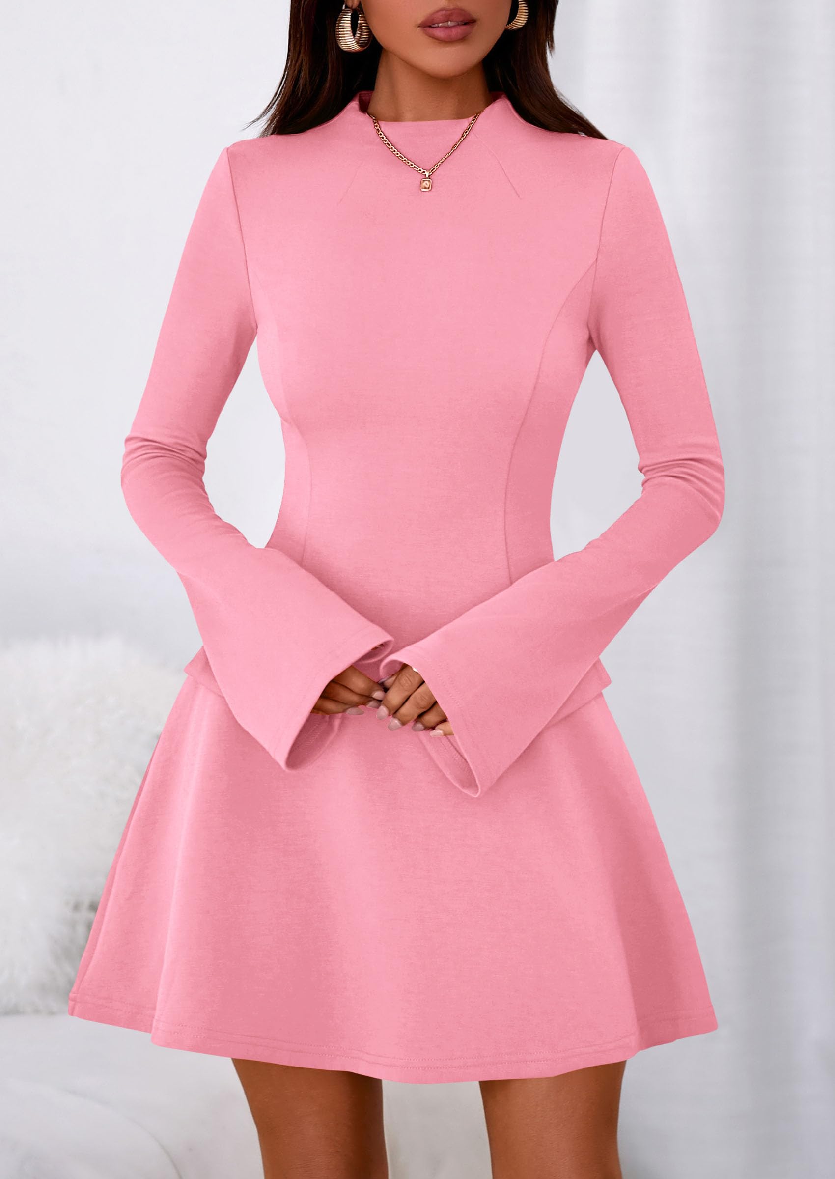 Women's Fall Bell Sleeve Short Dress,Pink,XS
