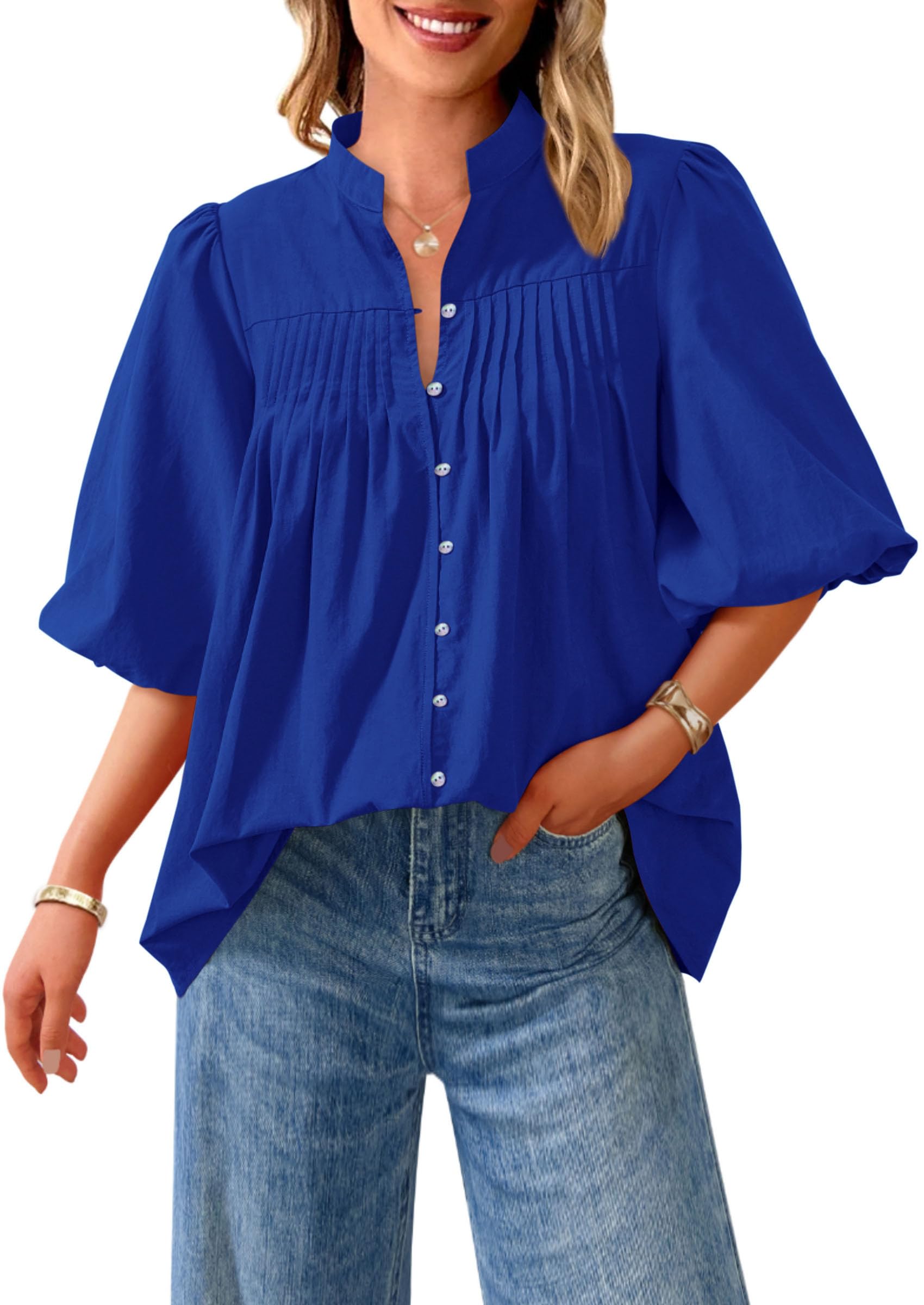 Short Sleeve Henley Shirts for Women,Blue,S