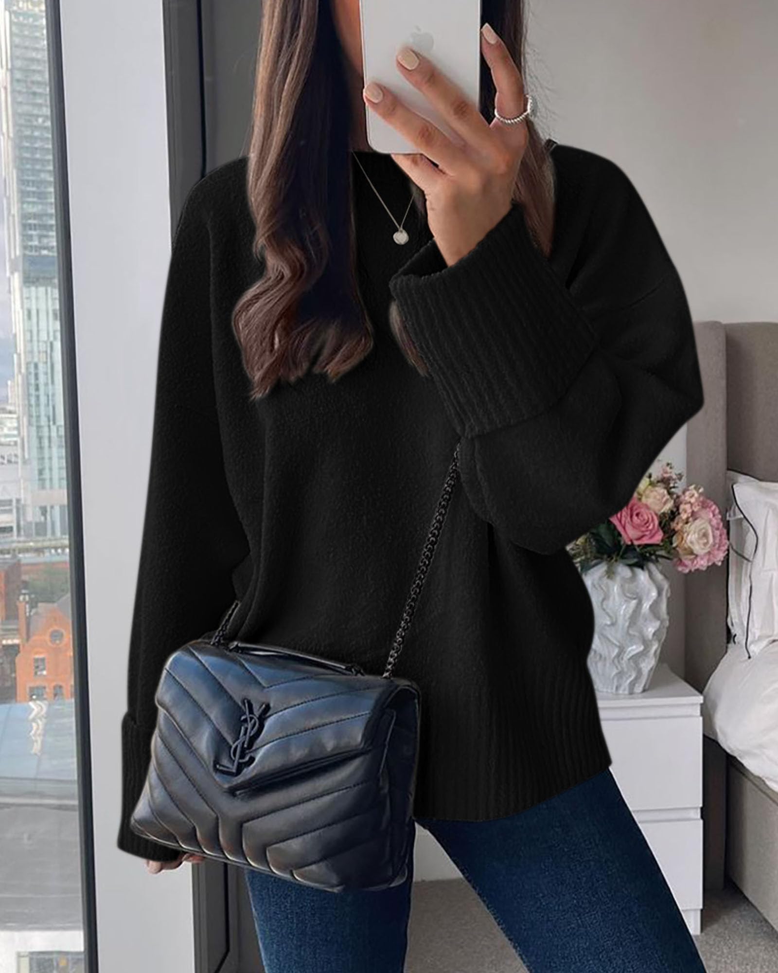 Women's Fall Fashion Cozy Oversized Sweaters(Black,XS)