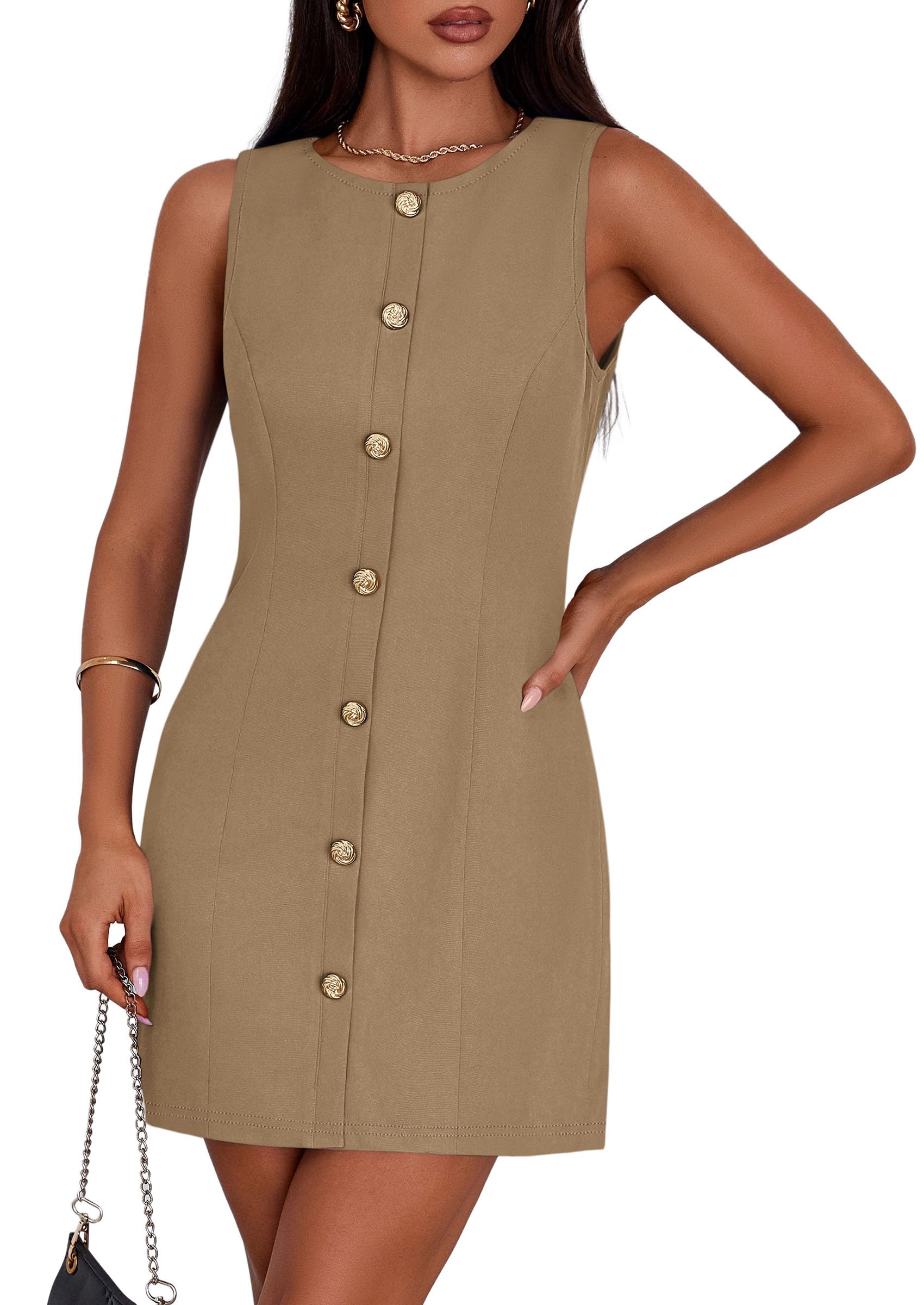 Women Business Casual Cocktail Work Short Dress,Dark Khaki,S