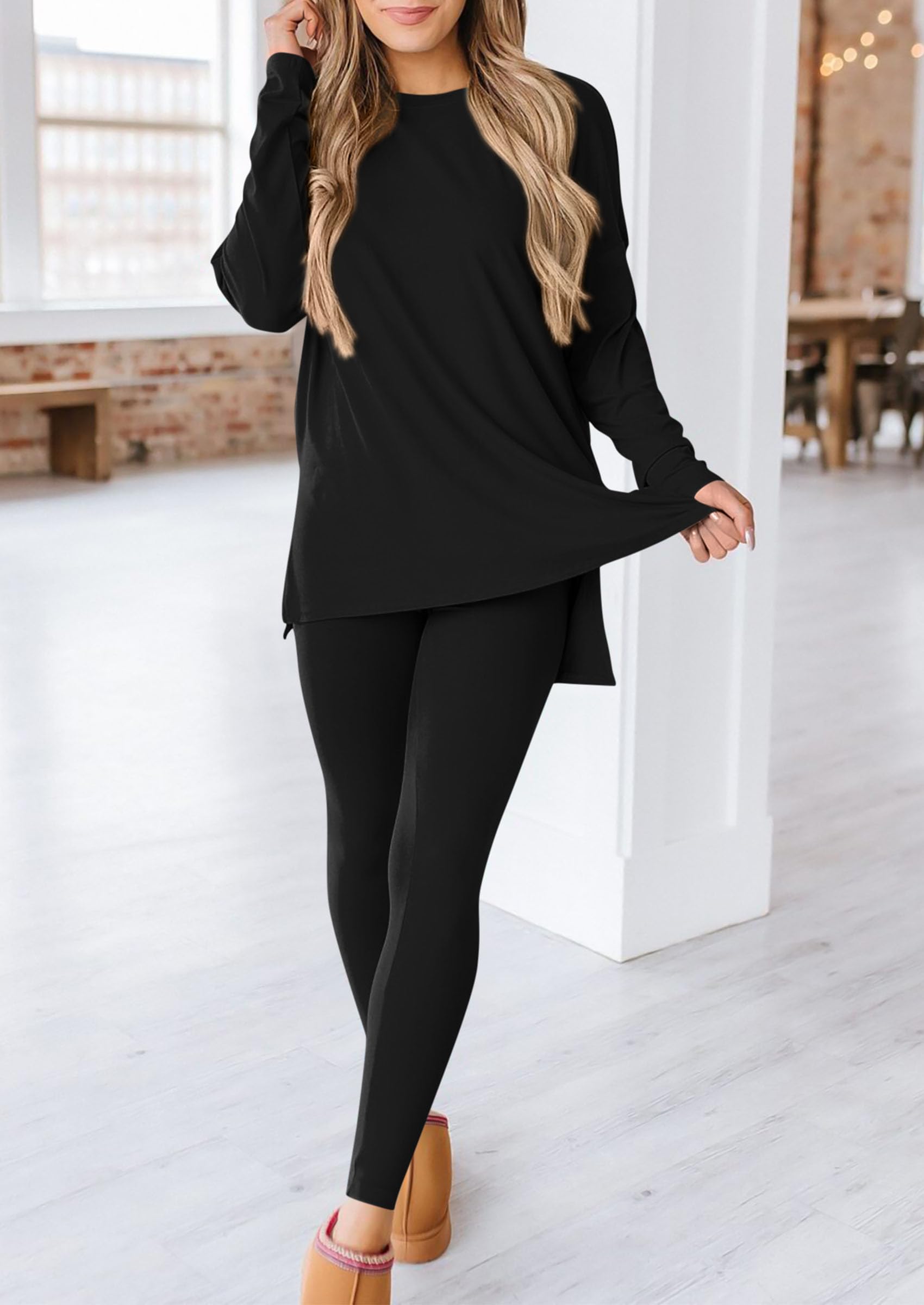 Women's 2 Piece Outfits Matching Lounge Sets,Black,S