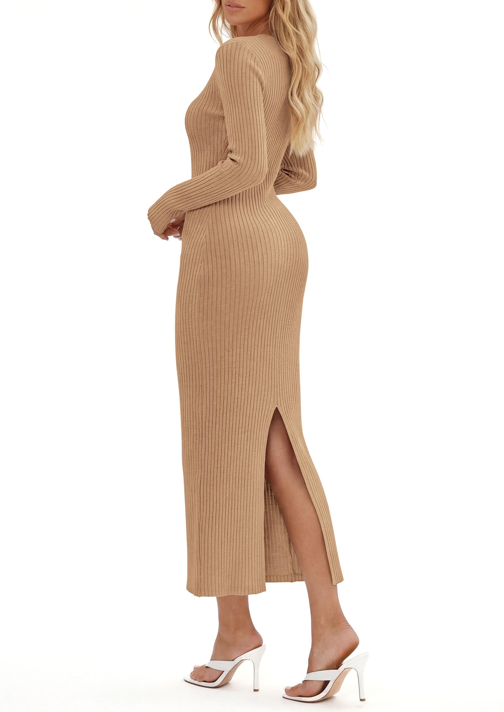 Women's Long Sleeve Bodycon Maxi Sweater Dress Khaki,XS