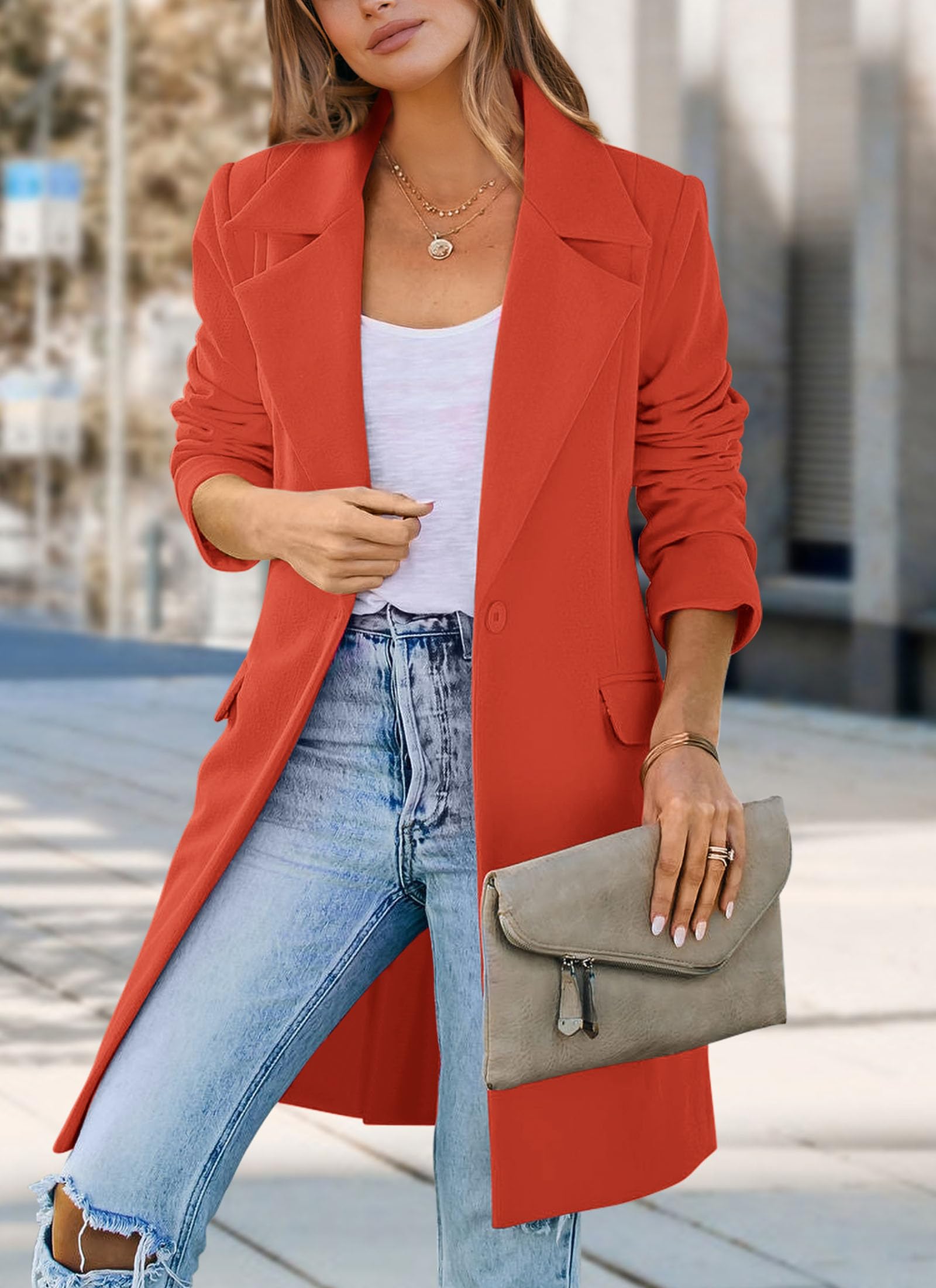 Women's Business Casual Long Blazer Jackets(Orange Red,S)