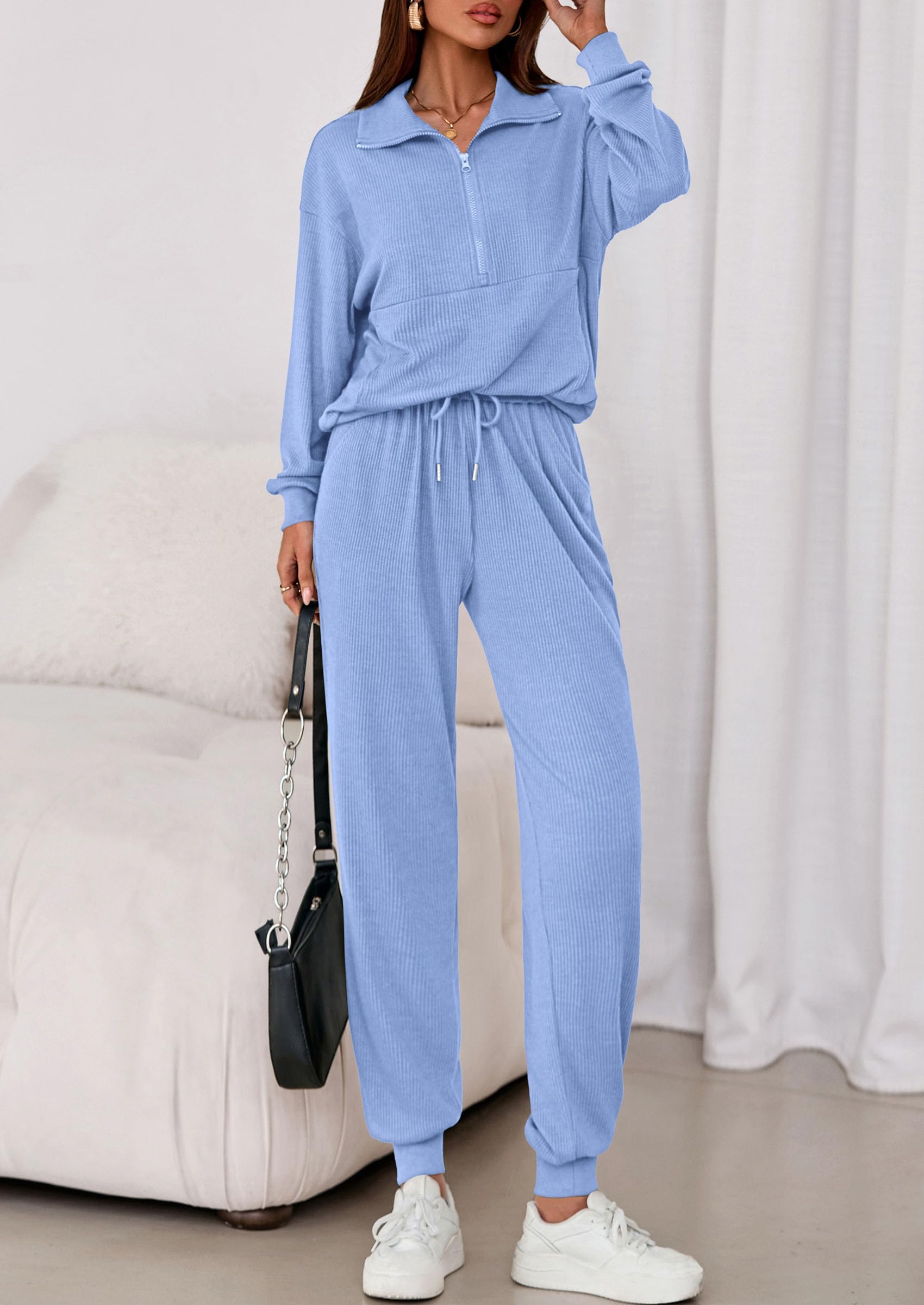 Airport Travel Outfit Women Ribbed Knit Matching Lounge Sets