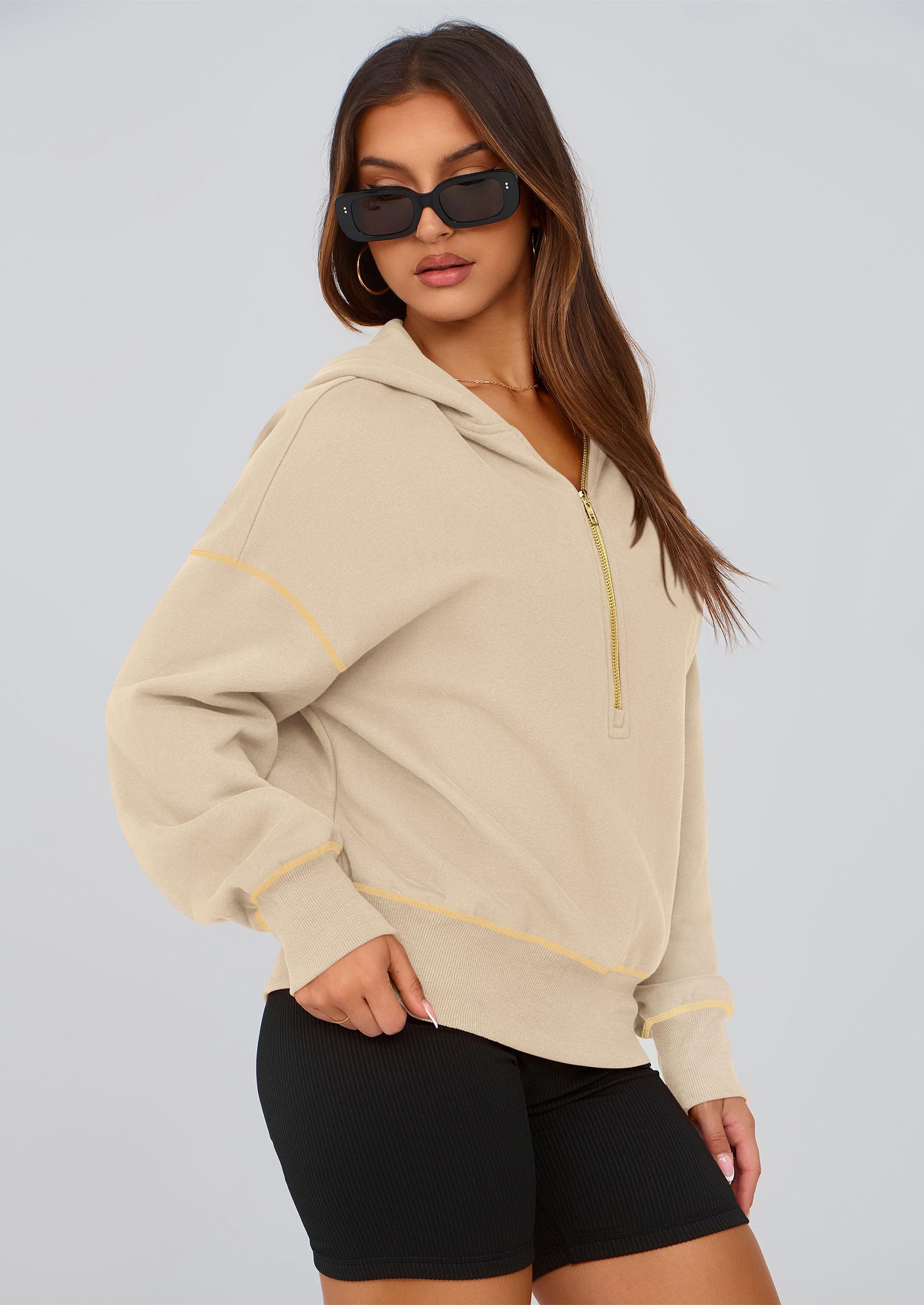 Women's Fall Half Zip Cropped Hoodie Sweatshirt Beige