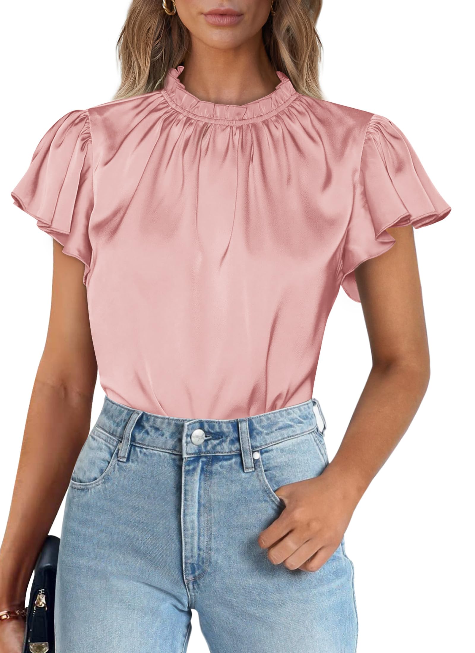 Women's Satin Tops Business Casual Work Blouses, Pink,S